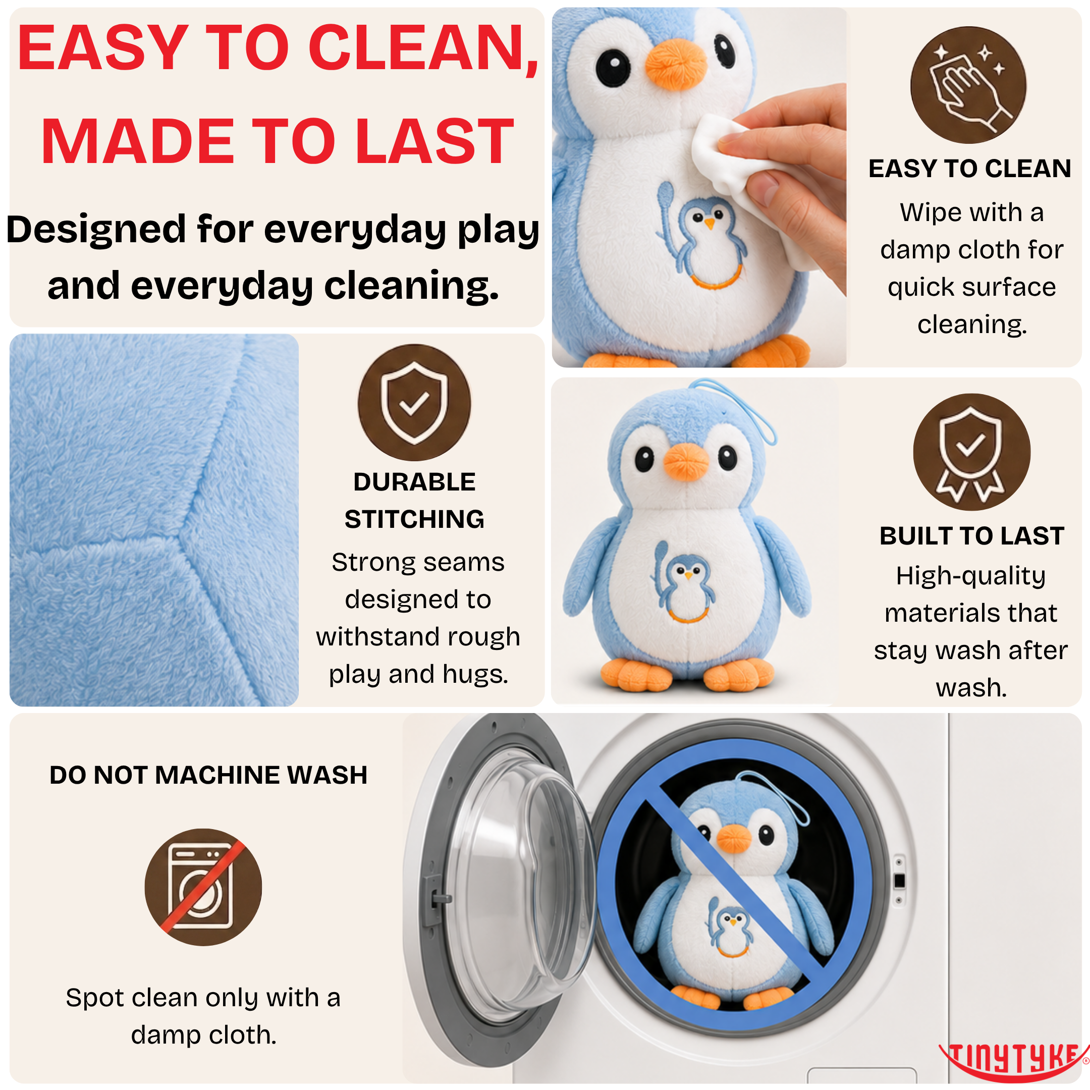 TinyTyke — Plush Baby Penguin Soft Toy with cleaning and durability features on a white background