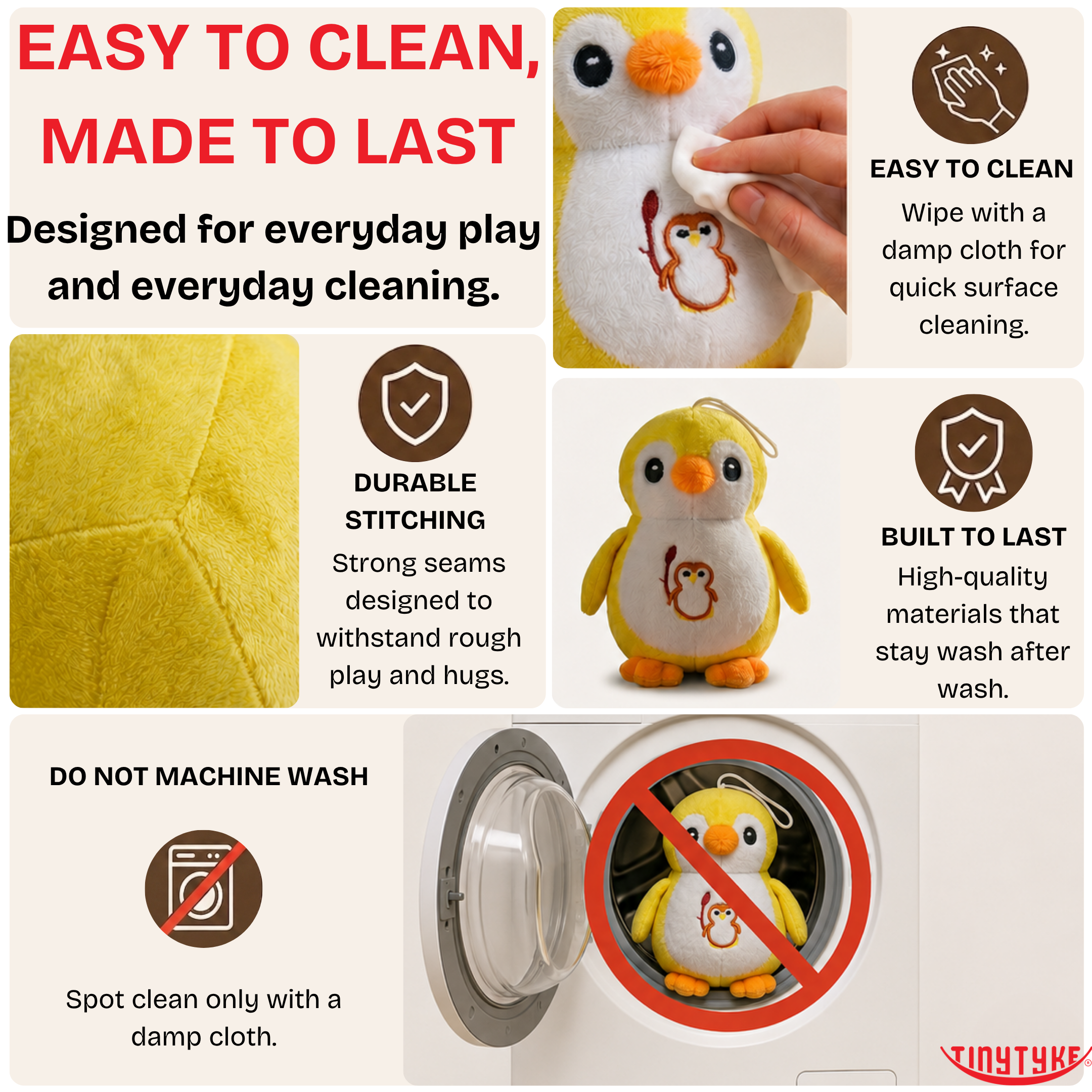 Product advertisement for TinyTyke — Plush Baby Penguin Soft Toy with cleaning and durability features.