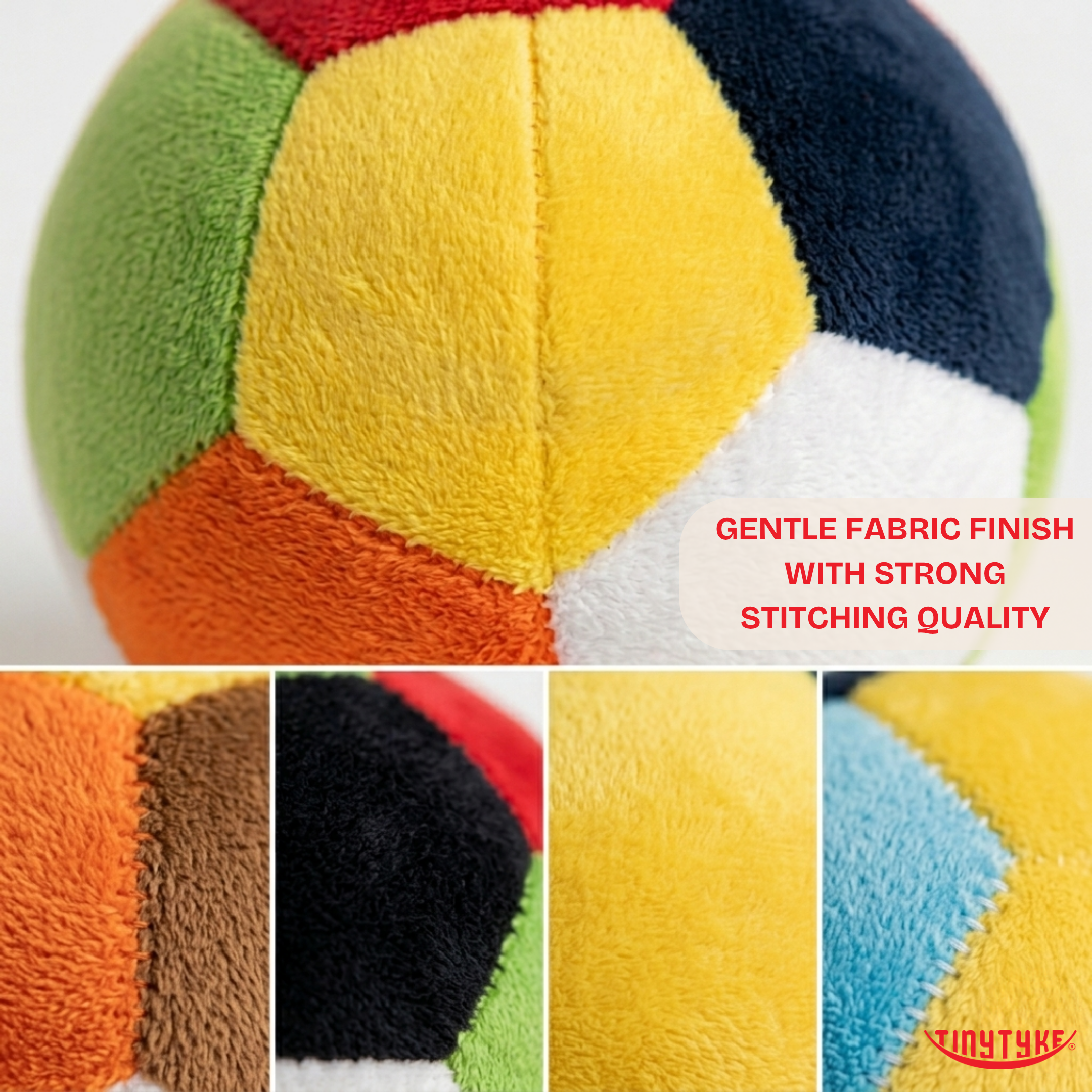Close-Up of TinyTyke Plush Rattle Ball Showing Soft Texture and Baby-Safe Construction