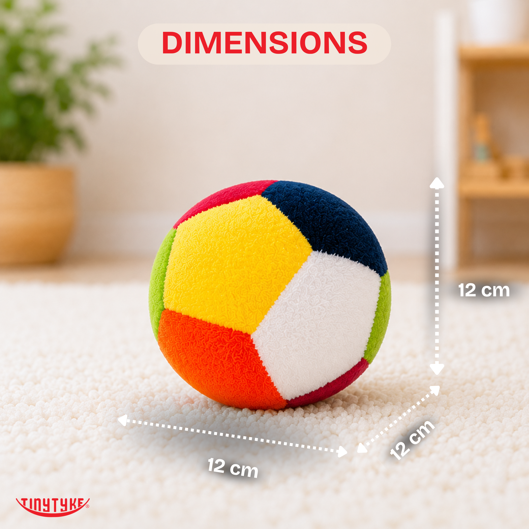 TinyTyke Soft Rattle Ball Toy – Hypoallergenic Non-Toxic Stuffing, Safe for Babies 0 Months and Above ,Dimension infographics
