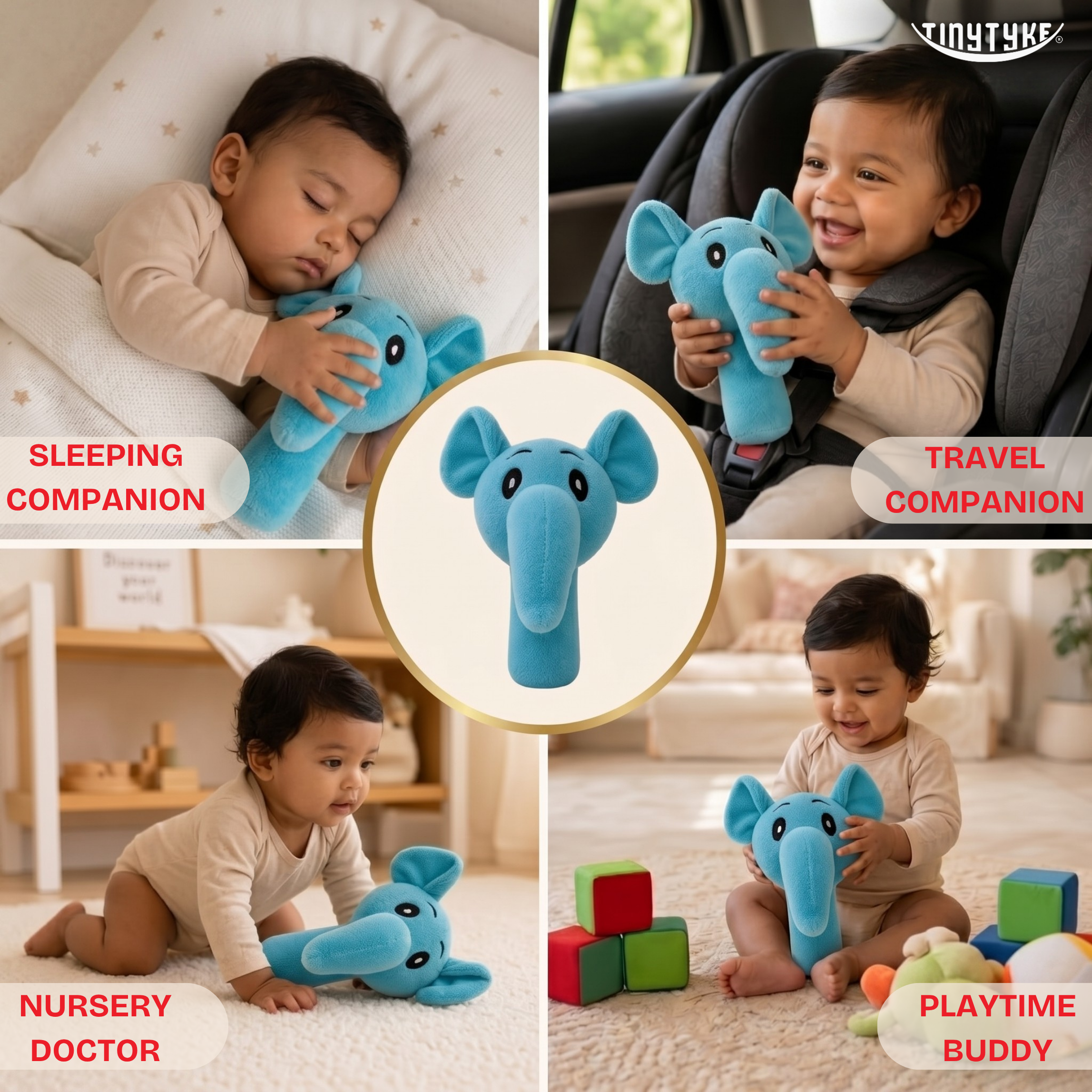 Collage of a child with TinyTyke Baby Elephant Rattle Toy  in various settings.