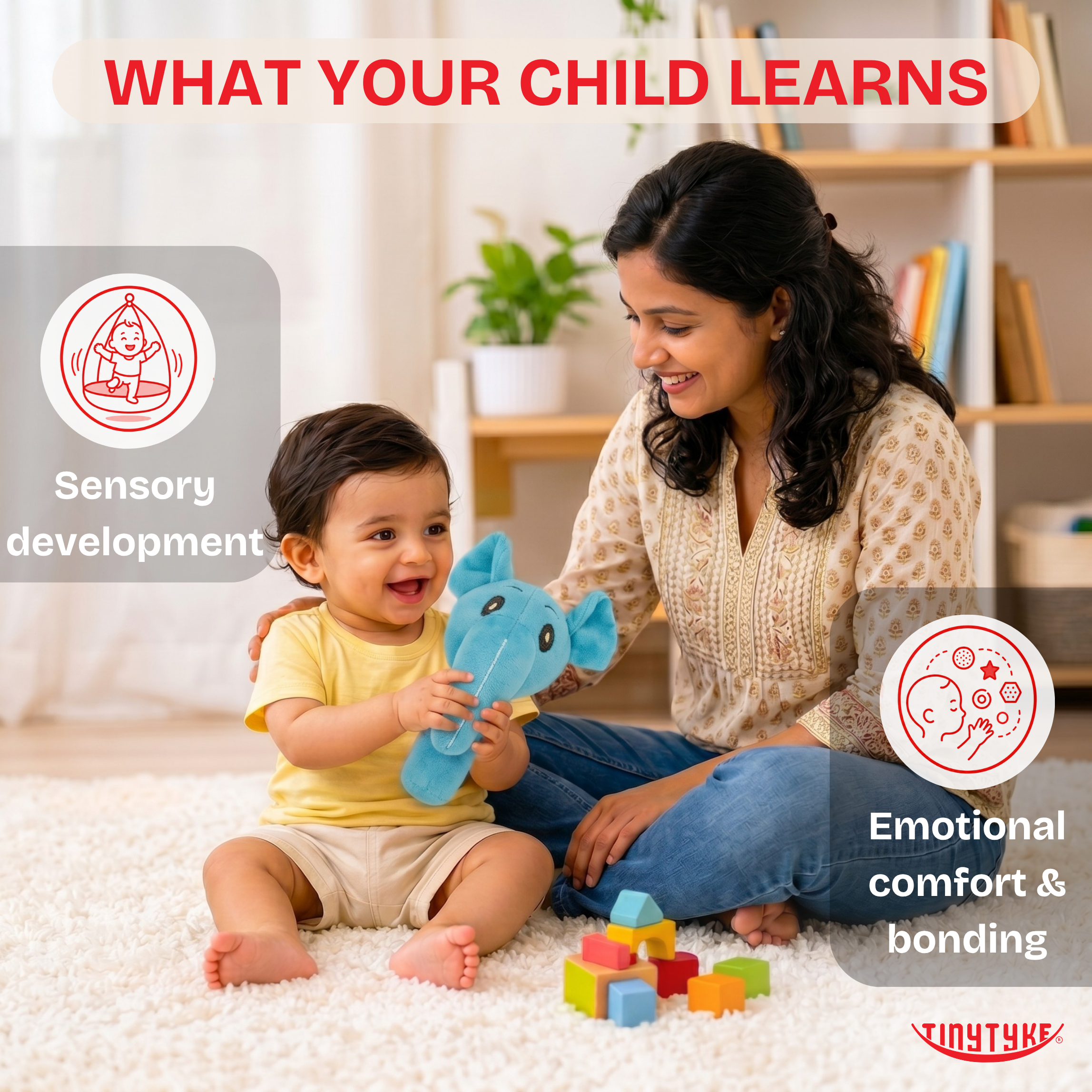 TinyTyke Elephant Plush Rattle – Easy-to-Grasp Sensory Toy for Hand-Eye Coordination Development