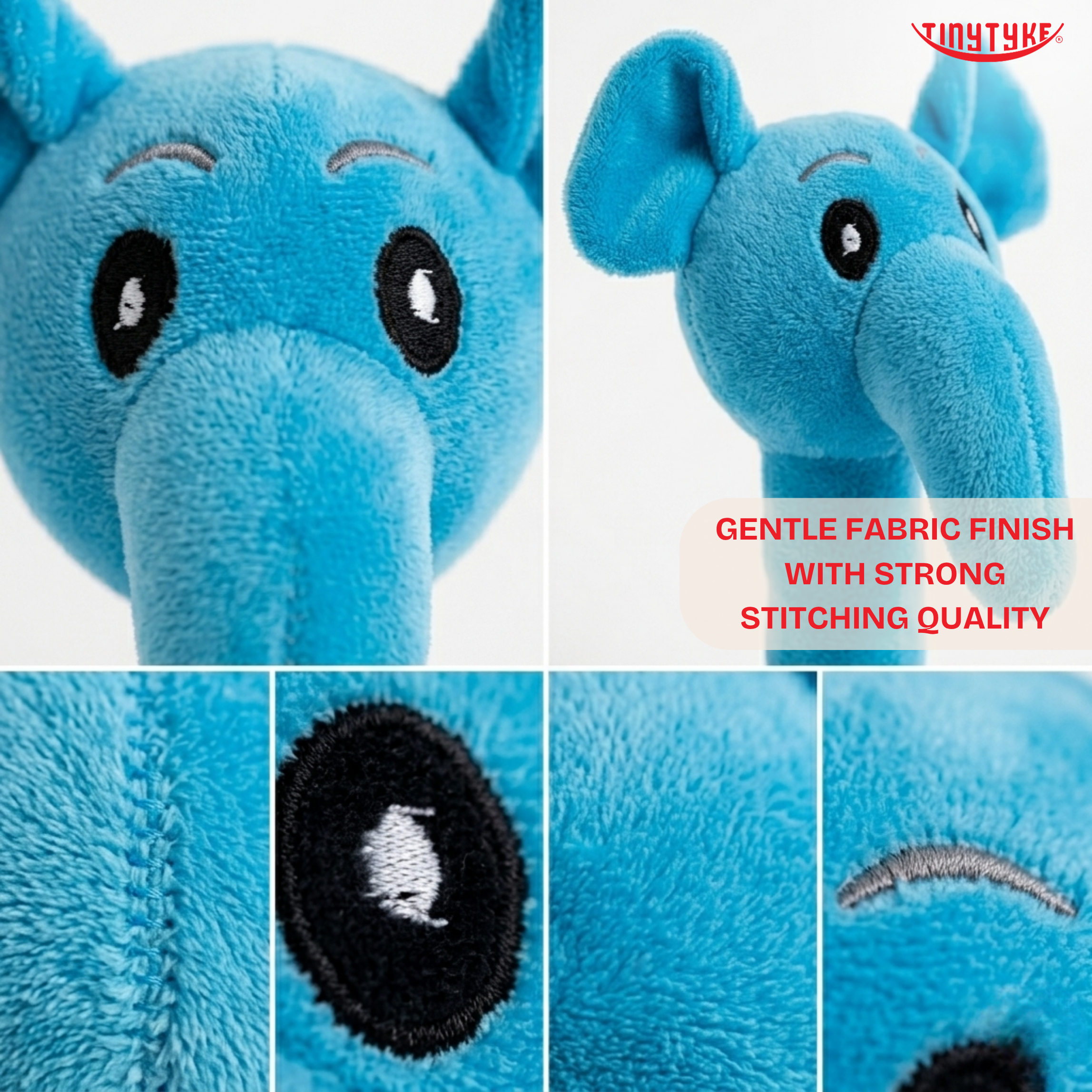 Close-Up of TinyTyke Elephant Soft Toy Showing Baby-Safe Embroidered Details and Soft Texture