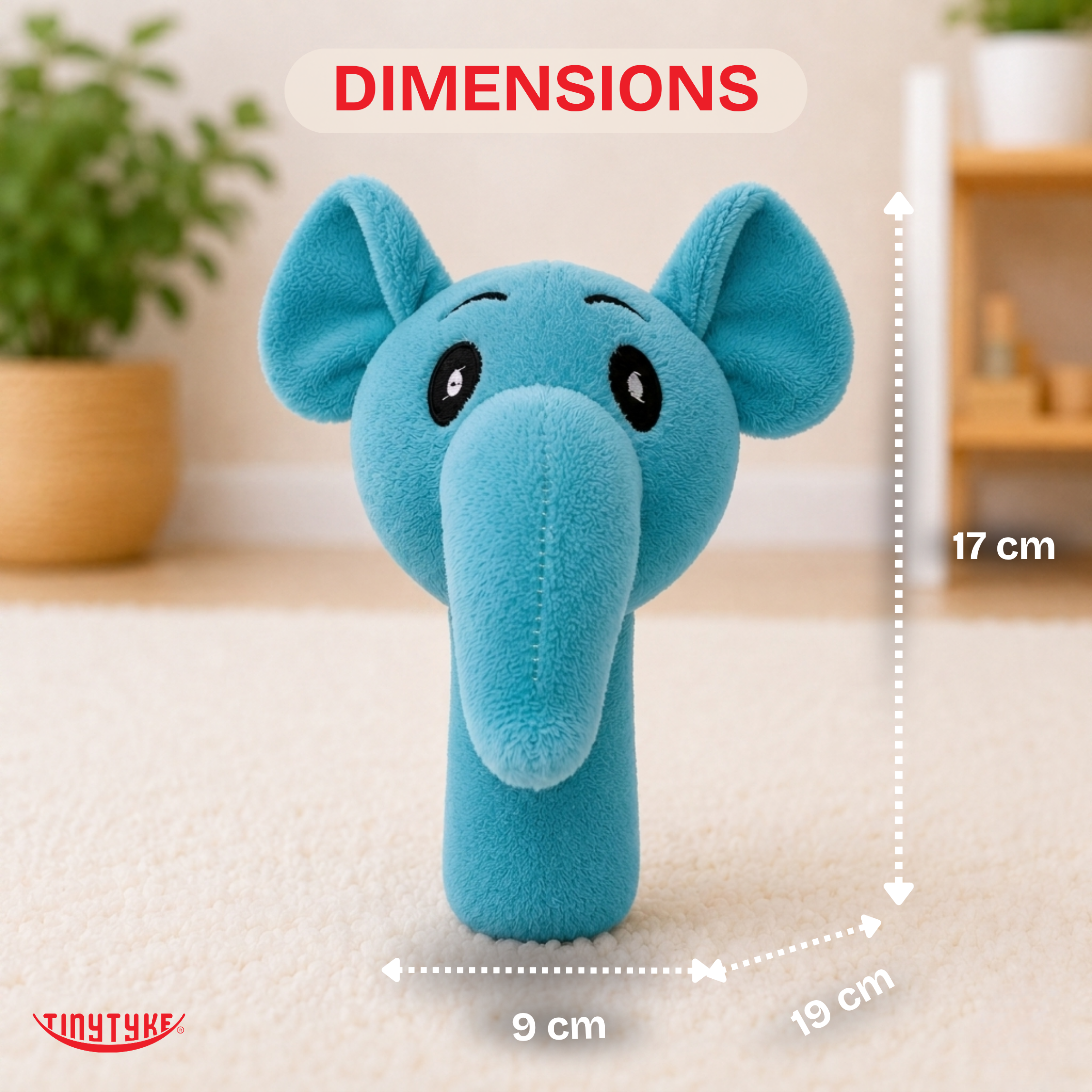 TinyTyke Plush Elephant Baby Toy – Ideal Newborn Gift for Baby Shower and Naming Ceremony ,Dimension Info graphics