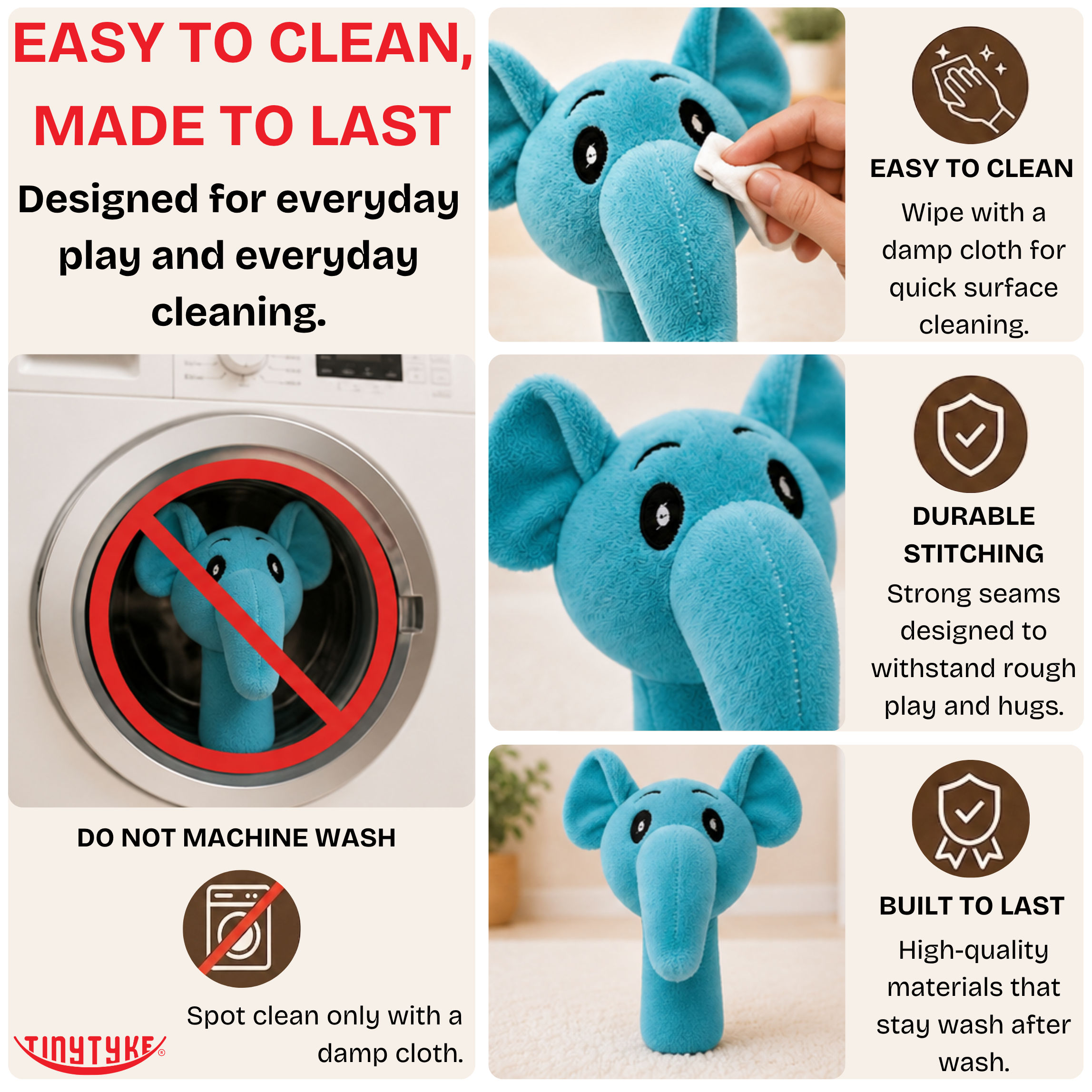 TinyTyke  Plush Rattle Blue elephant plush toy with cleaning instructions and durability features on a white background