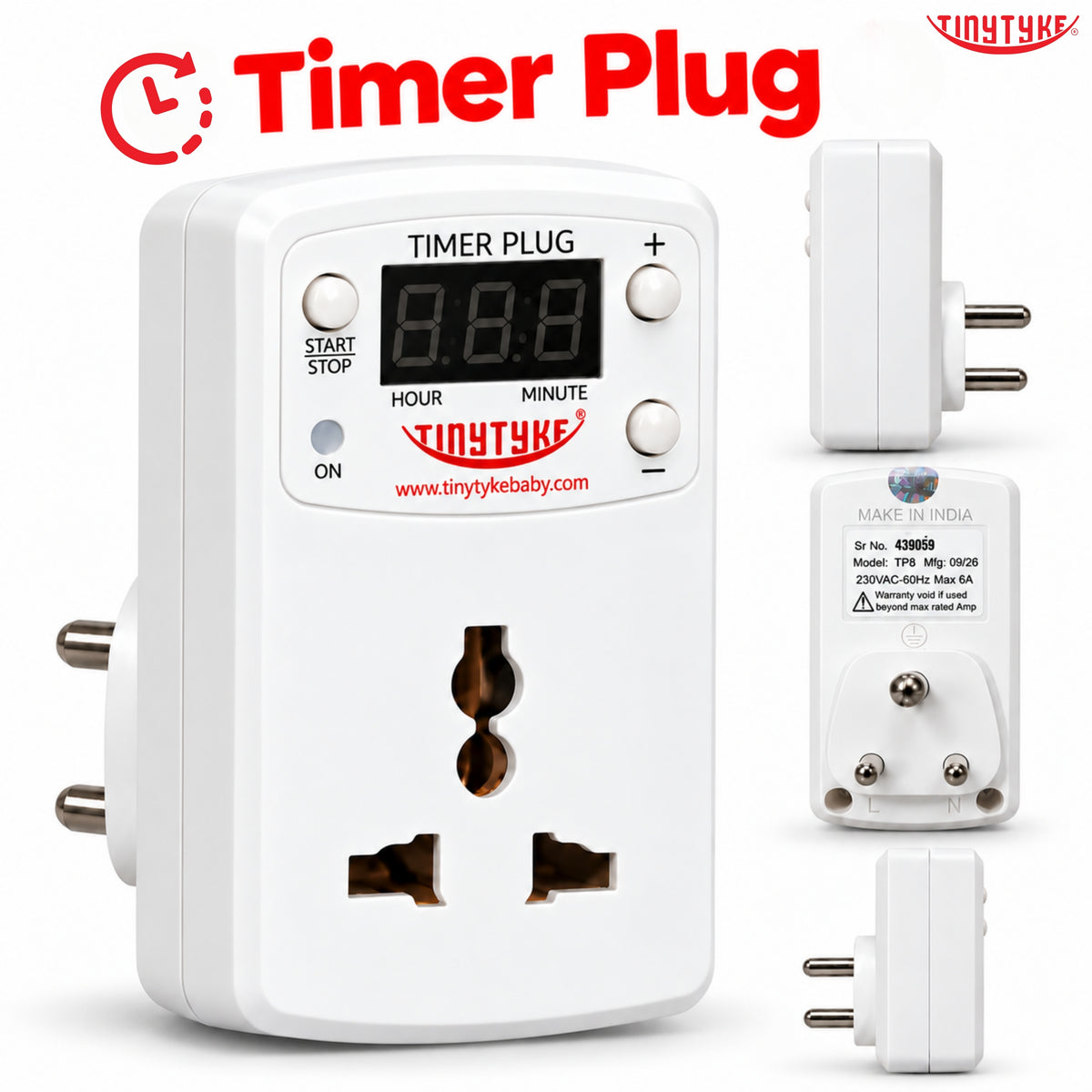TinyTyke Timer Plug — Auto Shut-Off for Automatic Baby Cradle | Up to 9 hr 45 min in 15-Min Steps | 6A Universal Socket