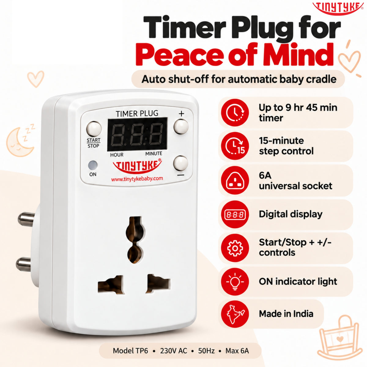TinyTyke Timer Plug — Auto Shut-Off for Automatic Baby Cradle | Up to 9 hr 45 min in 15-Min Steps | 6A Universal Socket