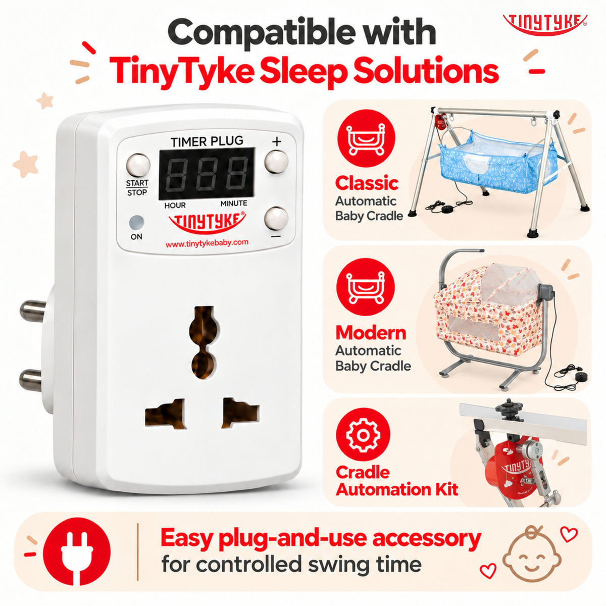 TinyTyke Timer Plug- Auto Shut-Off for Automatic Baby Cradle | Up to 9 hr 45 min in 15-Min Steps | 6A Universal Socket
