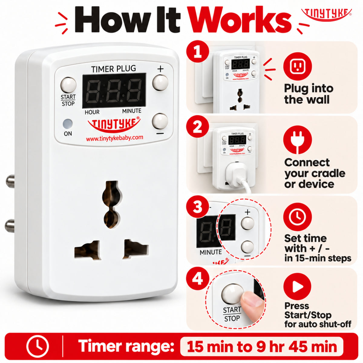 TinyTyke Timer Plug- Auto Shut-Off for Automatic Baby Cradle | Up to 9 hr 45 min in 15-Min Steps | 6A Universal Socket
