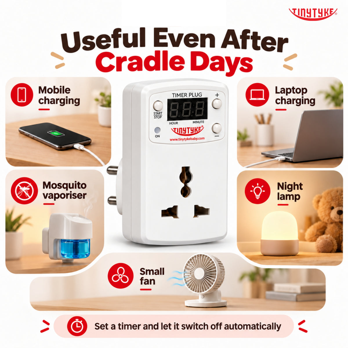 TinyTyke Timer Plug- Auto Shut-Off for Automatic Baby Cradle | Up to 9 hr 45 min in 15-Min Steps | 6A Universal Socket