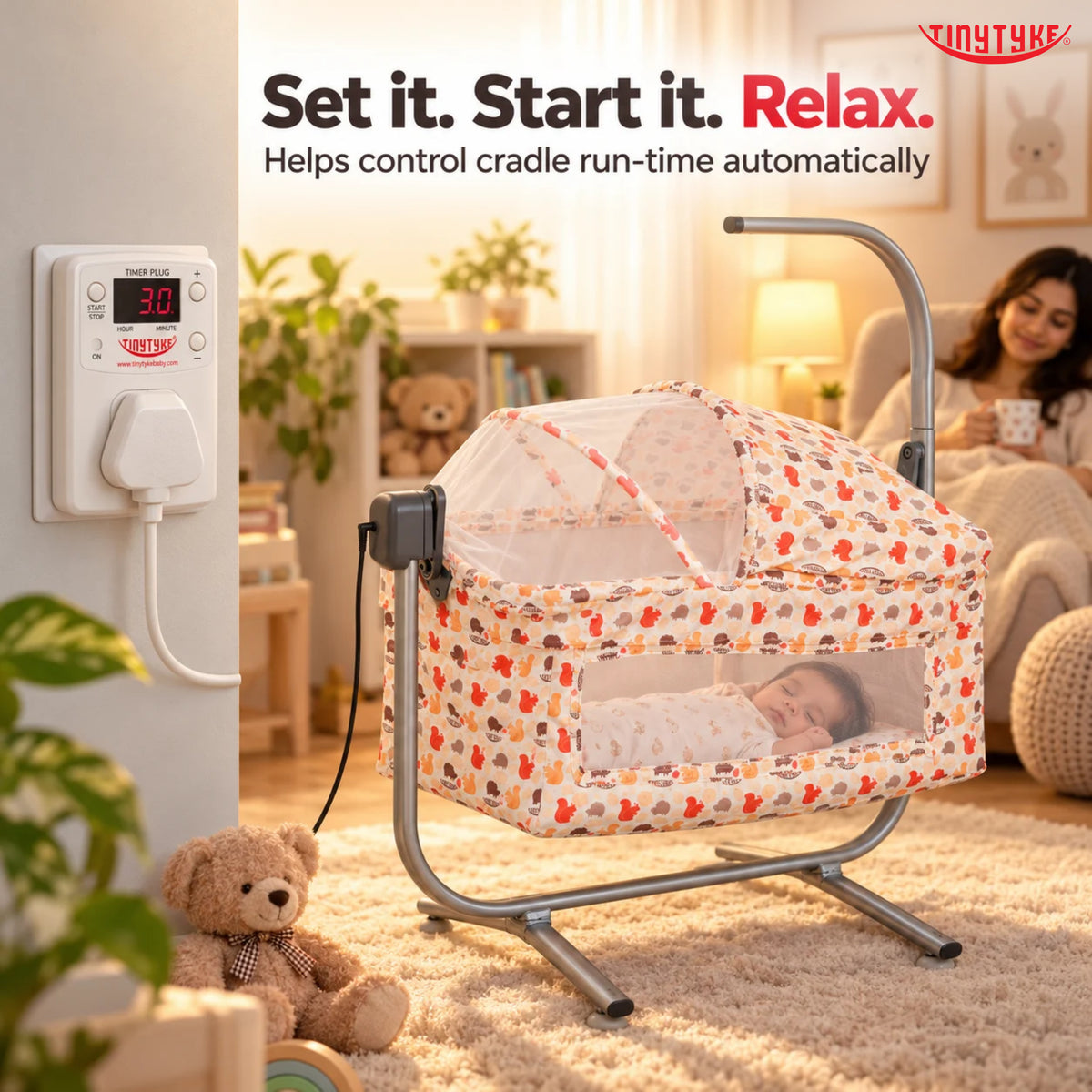 TinyTyke Timer Plug- Auto Shut-Off for Automatic Baby Cradle | Up to 9 hr 45 min in 15-Min Steps | 6A Universal Socket
