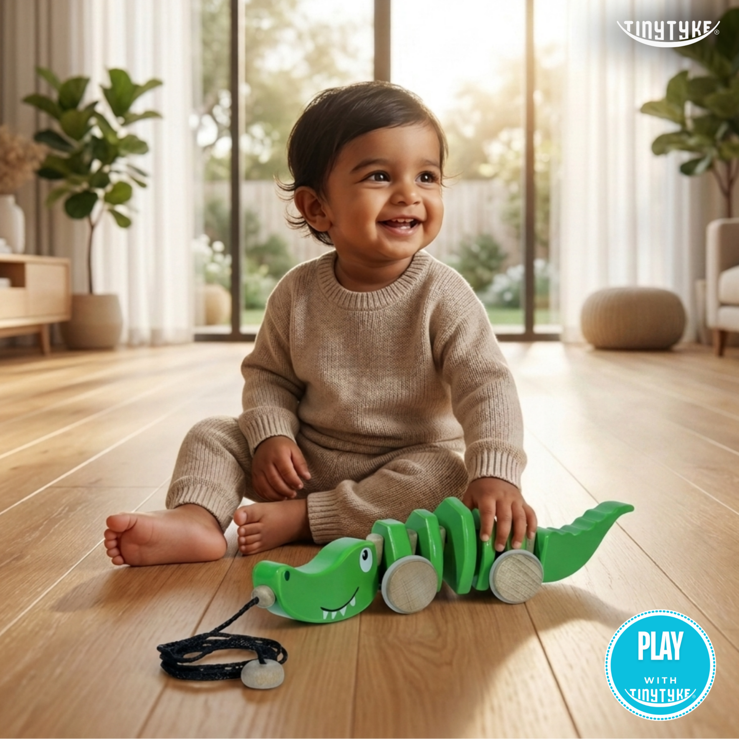 Child playing with a Wooden Pull-along Crocodile Toy on a wooden floor, with 'TinyTyke' branding visible.