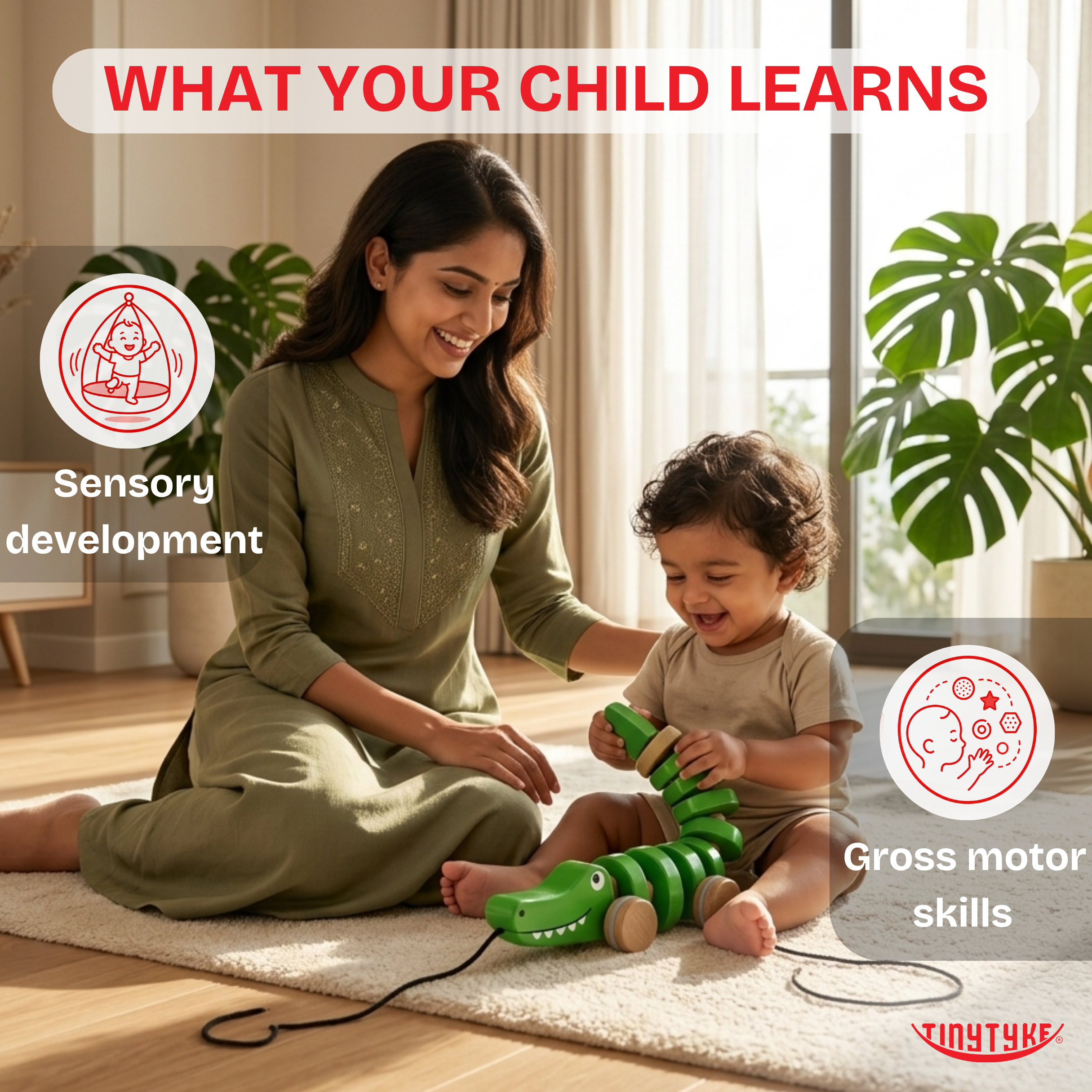 Woman and child playing with a Wooden Pull-along Crocodile Toy on the floor, surrounded by plants.