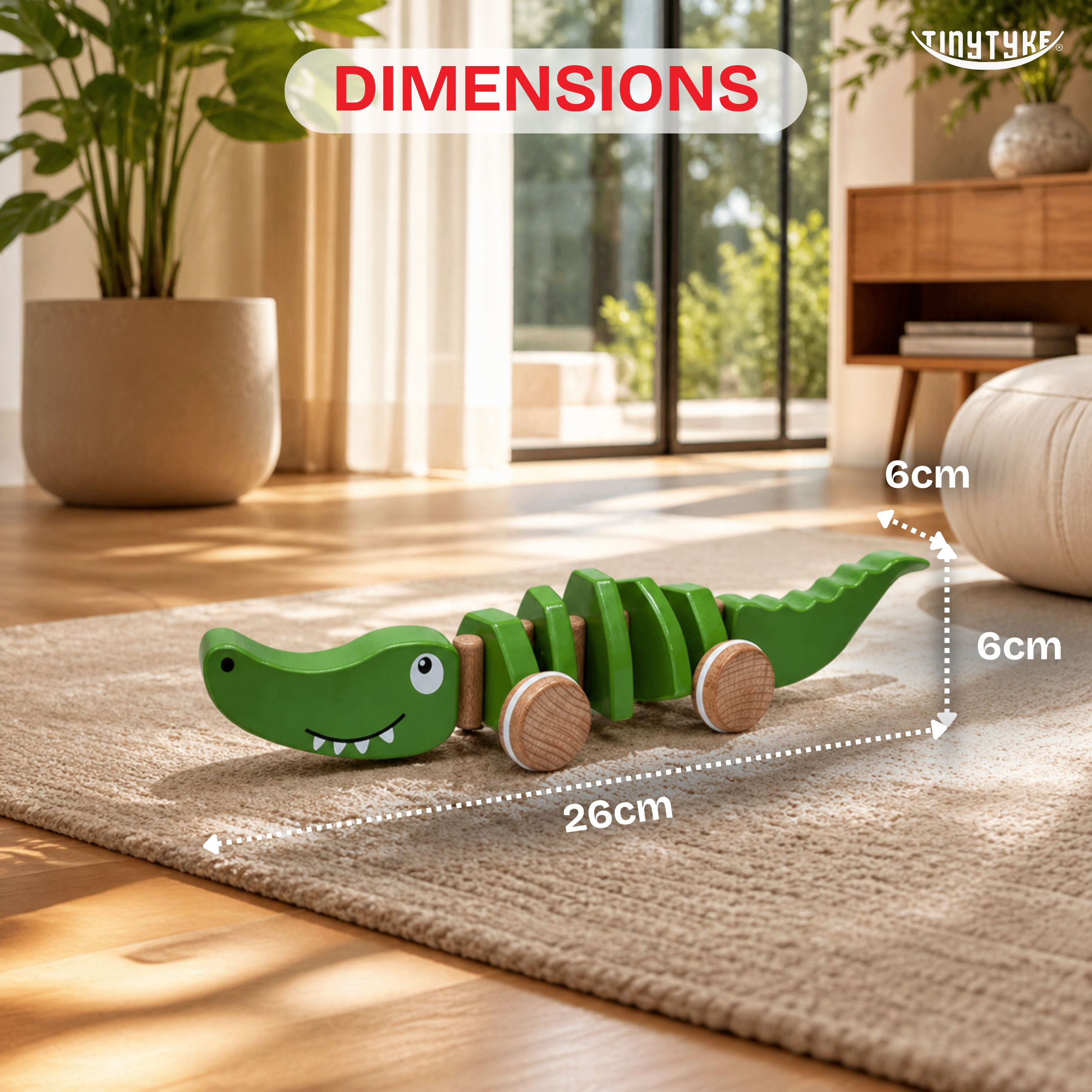 Wooden Pull-along Crocodile Toy ( 1-3 years) with dimensions labeled on a rug in a room.
