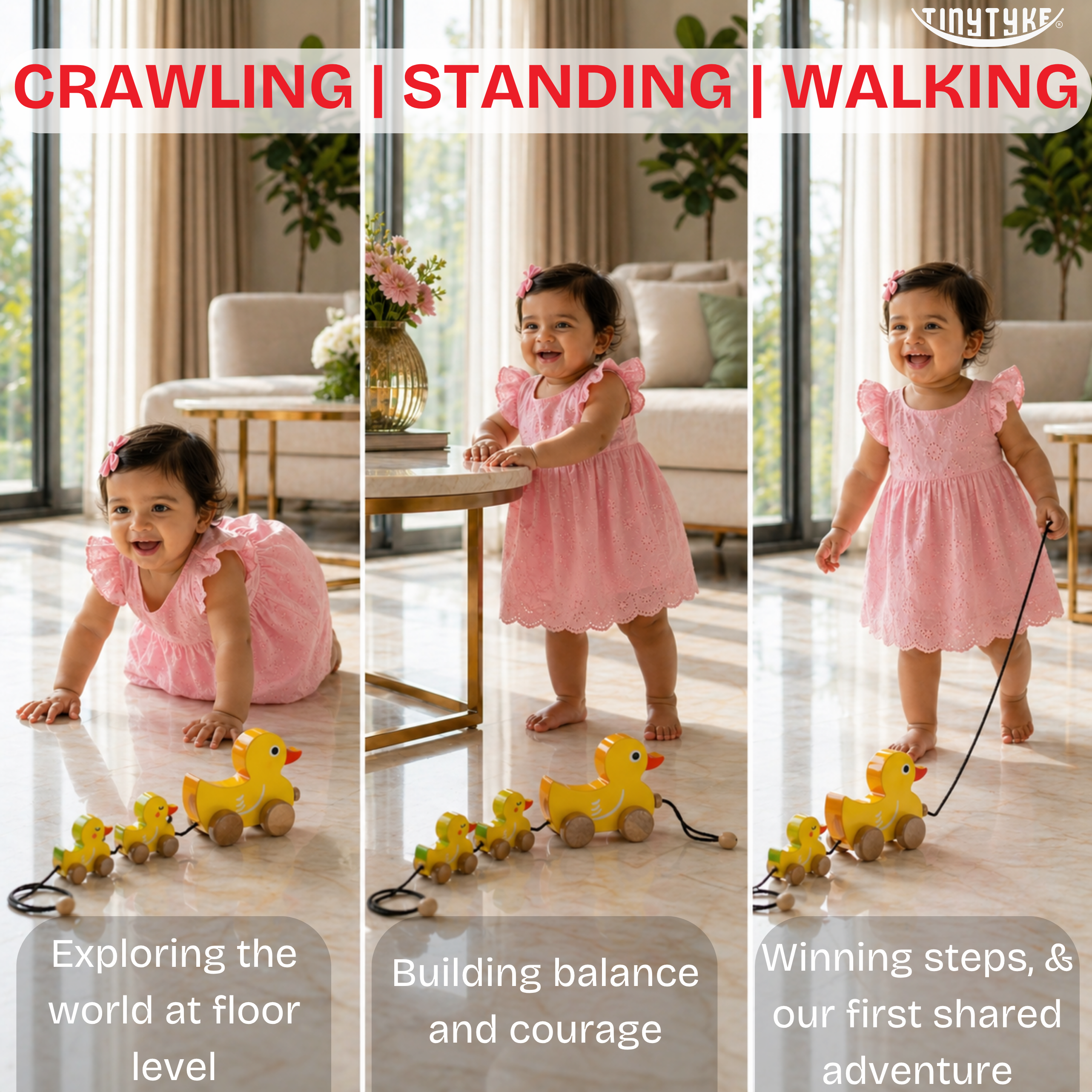 Three stages of a child's development with a pink-dressed girl and Wooden Pull-Along Duck Toy in a living room setting.
