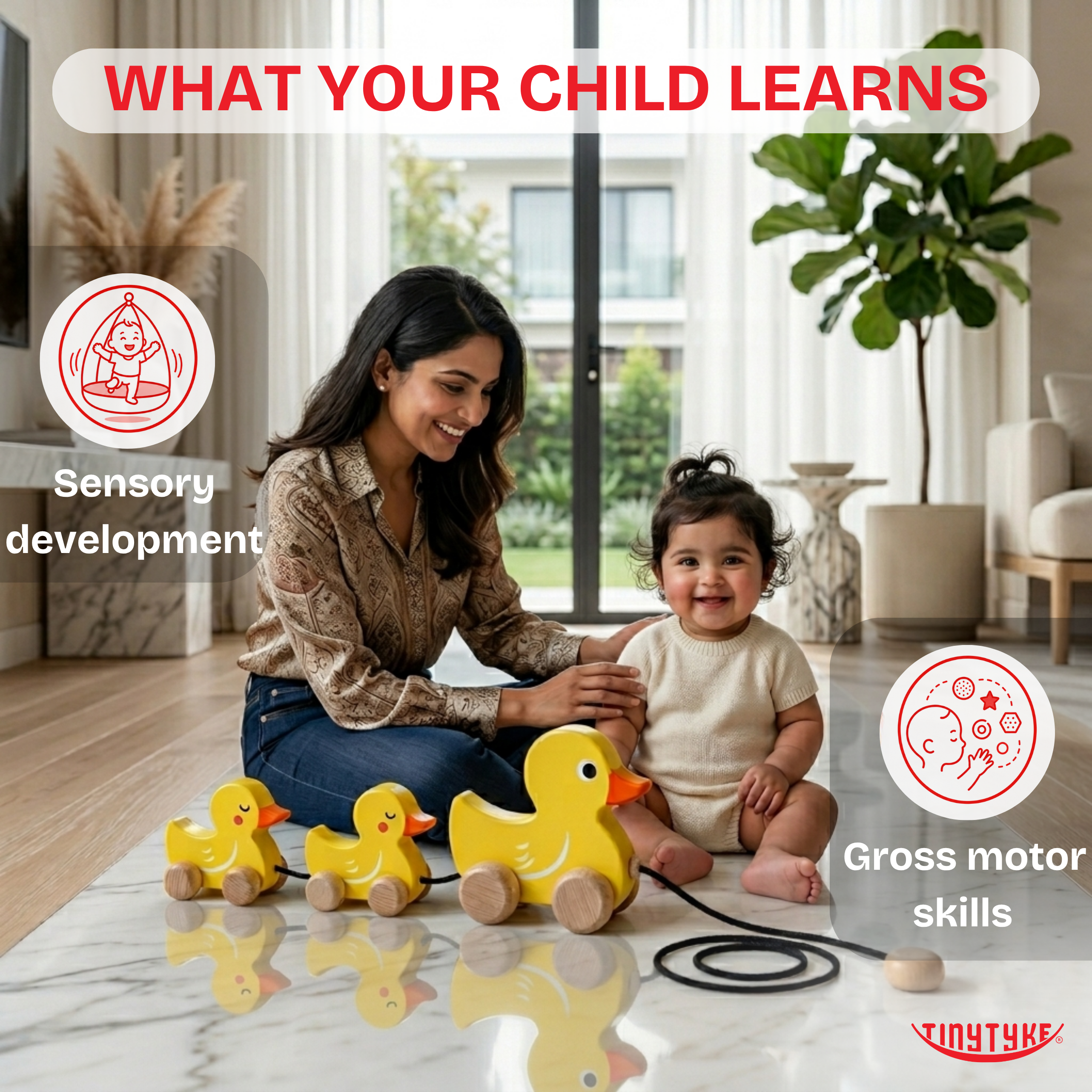 Woman and child playing with Wooden Pull-Along Duck Toy in a living room.