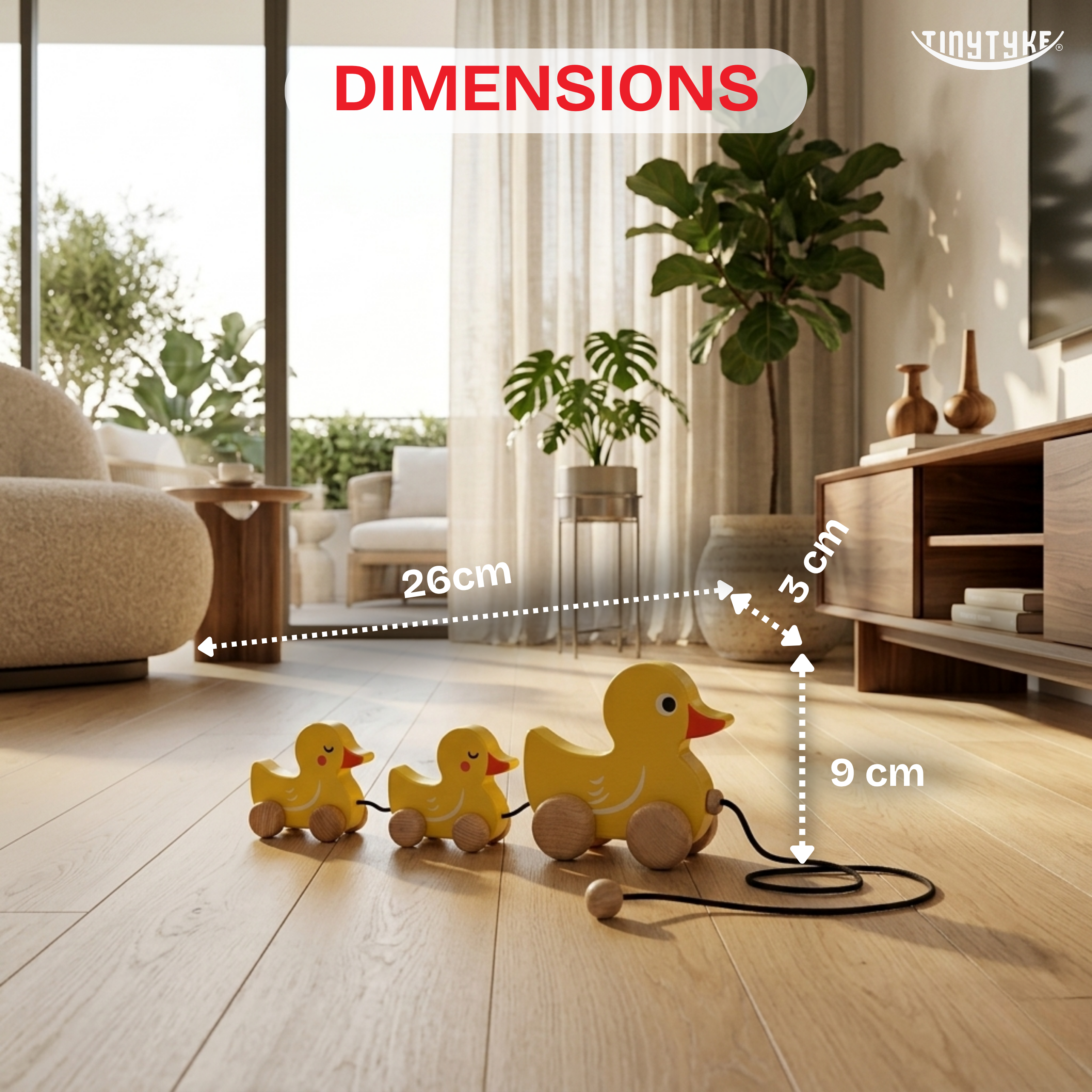 Wooden Pull-Along Duck Toy with dimensions on a wooden floor in a living room setting