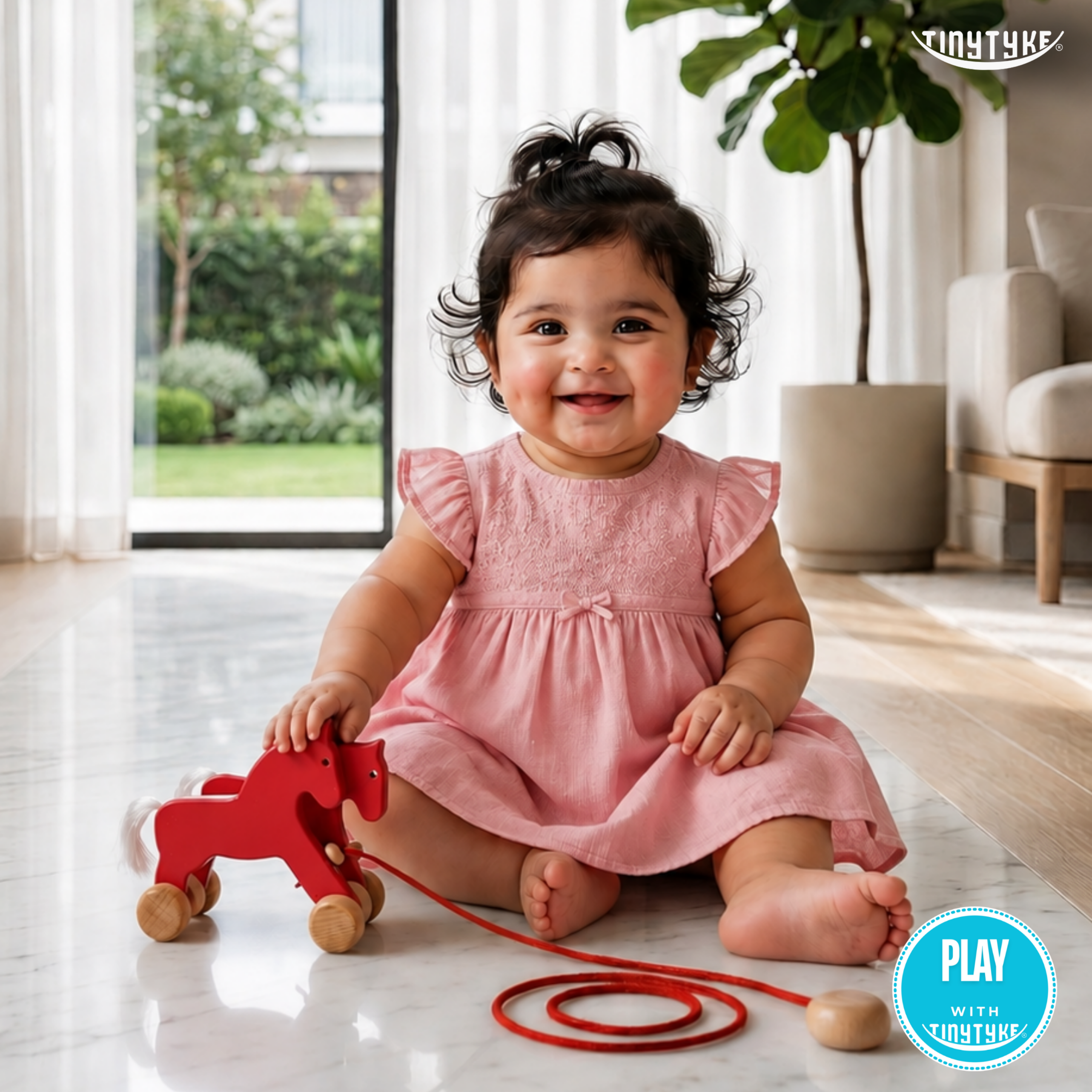 Baby in a pink dress playing with a red Wooden Pull-along Horse Toy indoors