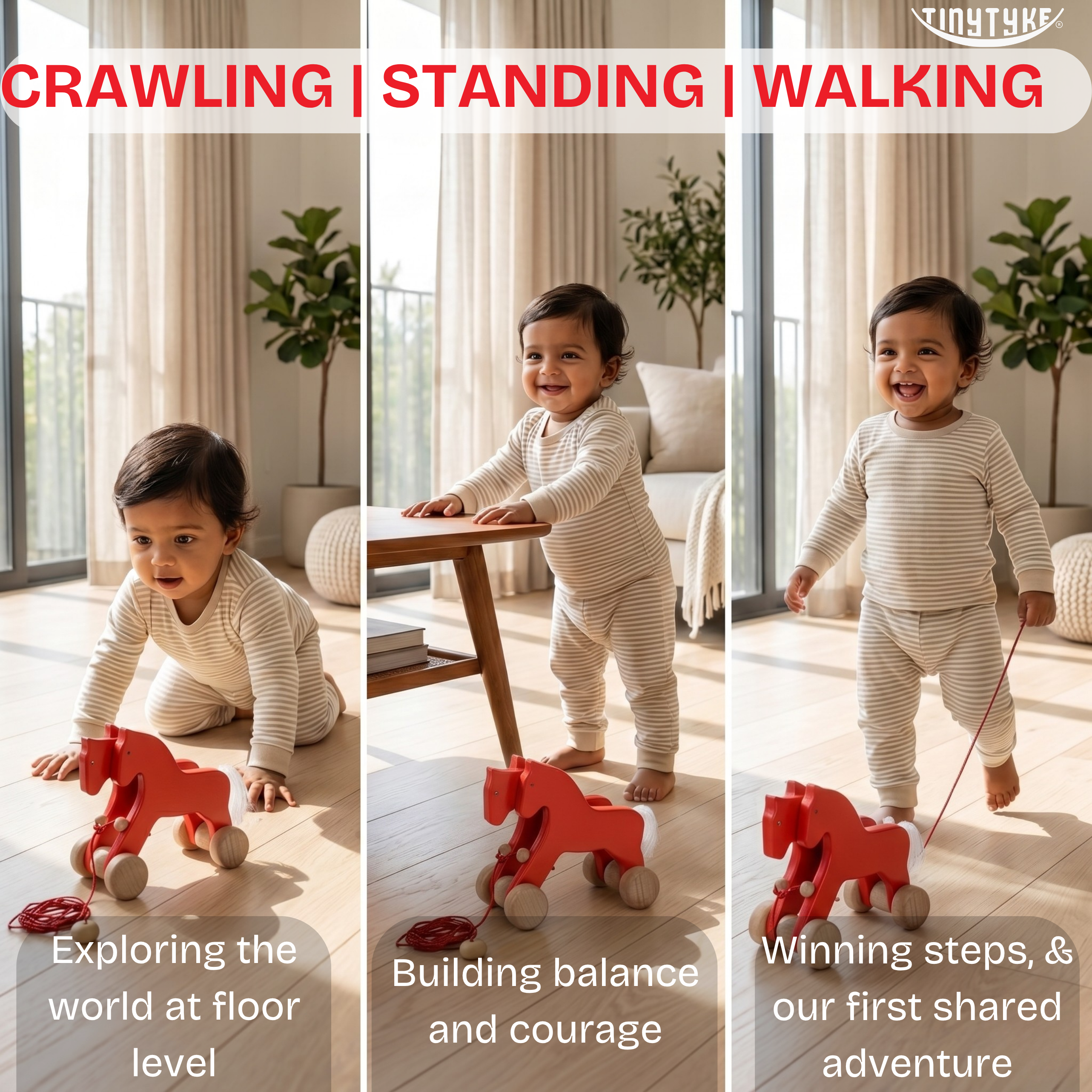 Three stages of a child's development with a red Wooden Pull-along Horse Toy: crawling, standing, and walking.