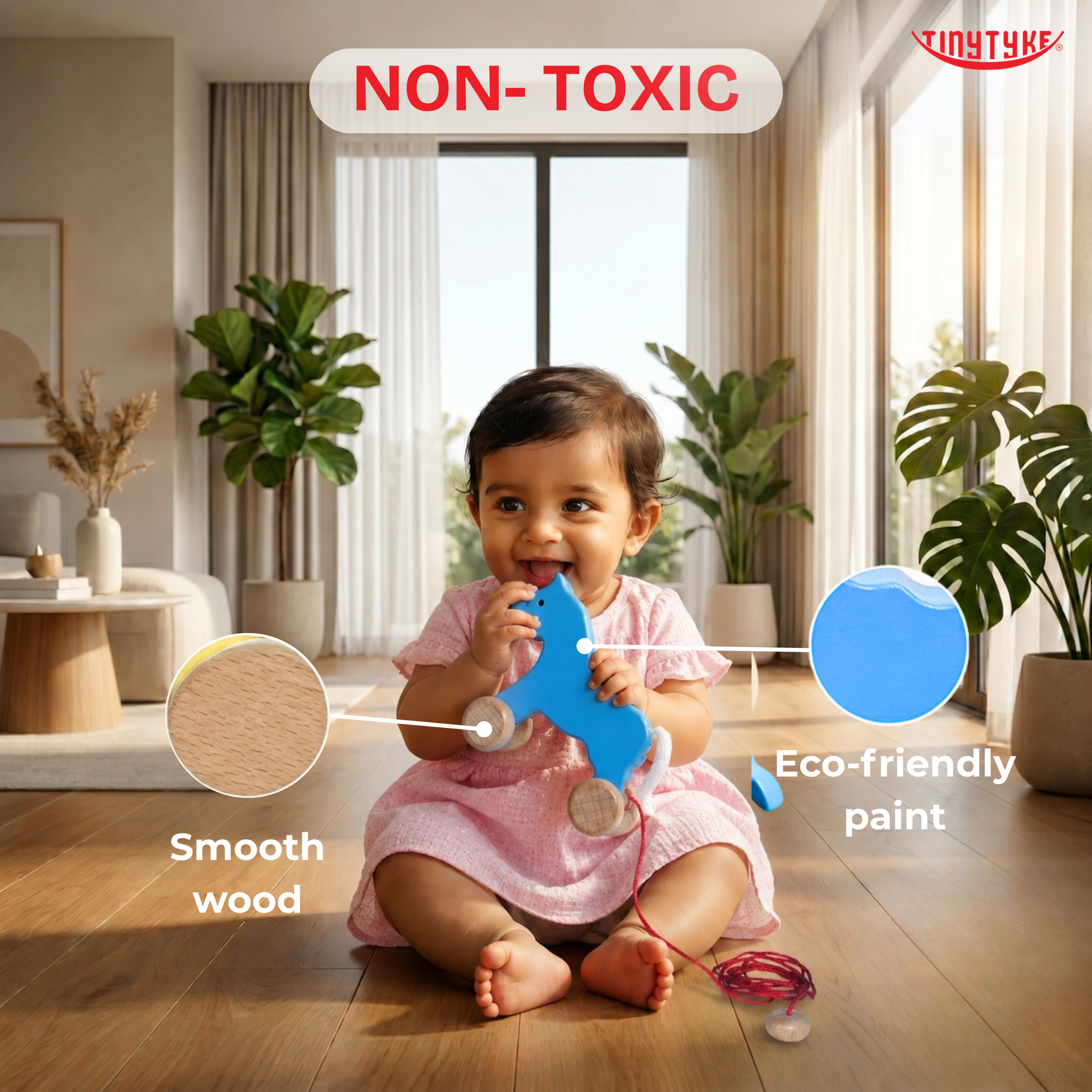 Child playing with a blue Wooden Pull-along Horse Toy in a room with plants and 'Non-Toxic' text.