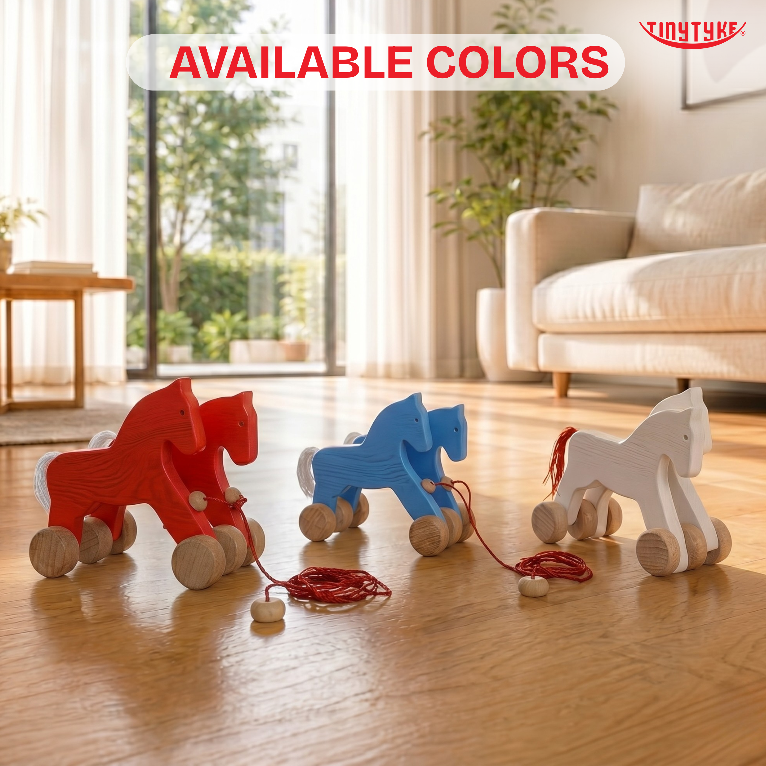 Three wooden Wooden Pull-along Horse Toy in red, blue, and white on a wooden floor with 'TinyTyke' branding.