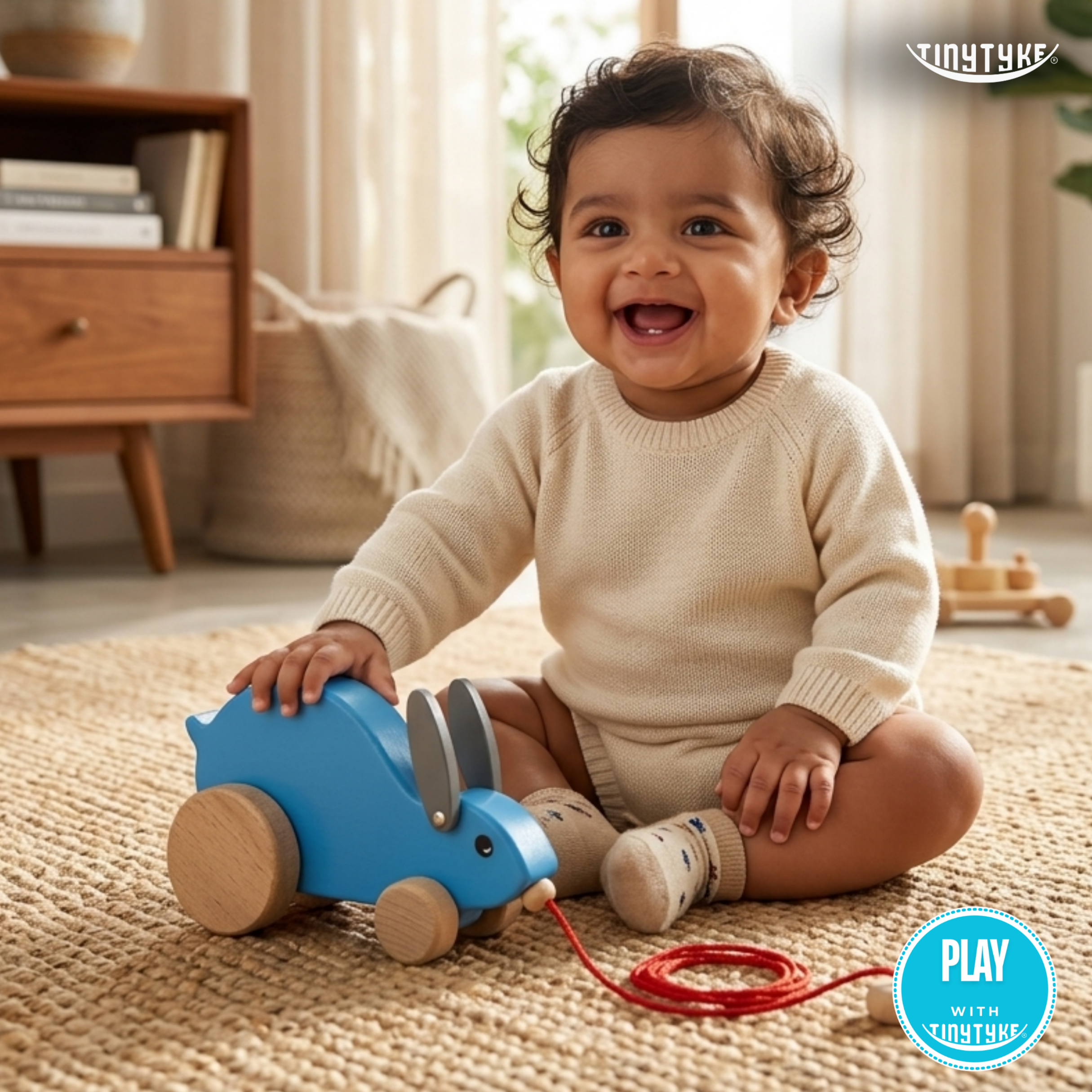 Child playing with a blue Wooden Pull-along Rabbit Toy on a rug, with a TINY TYKE logo in the corner.