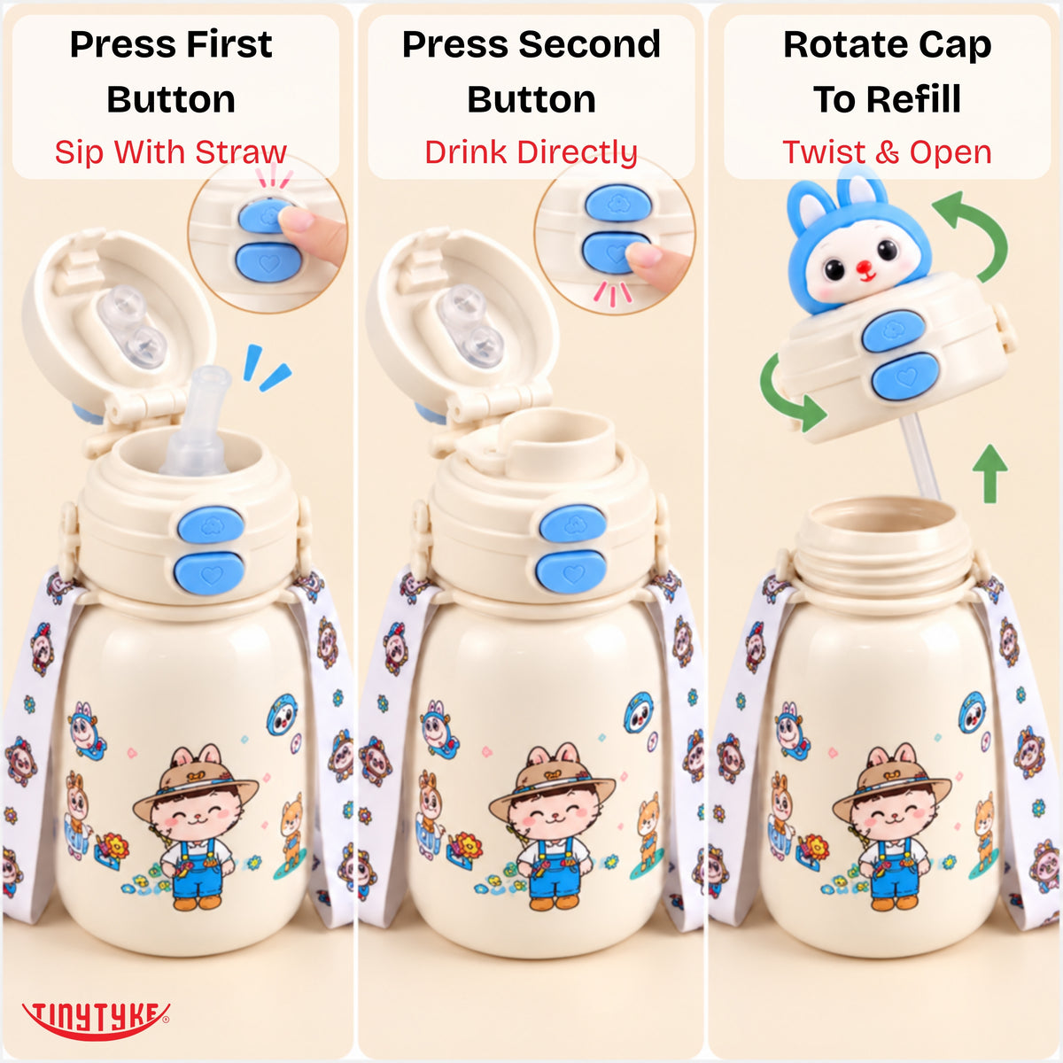 TinyTyke- Kids Water Bottle with Straw & Carry Strap | 1pc