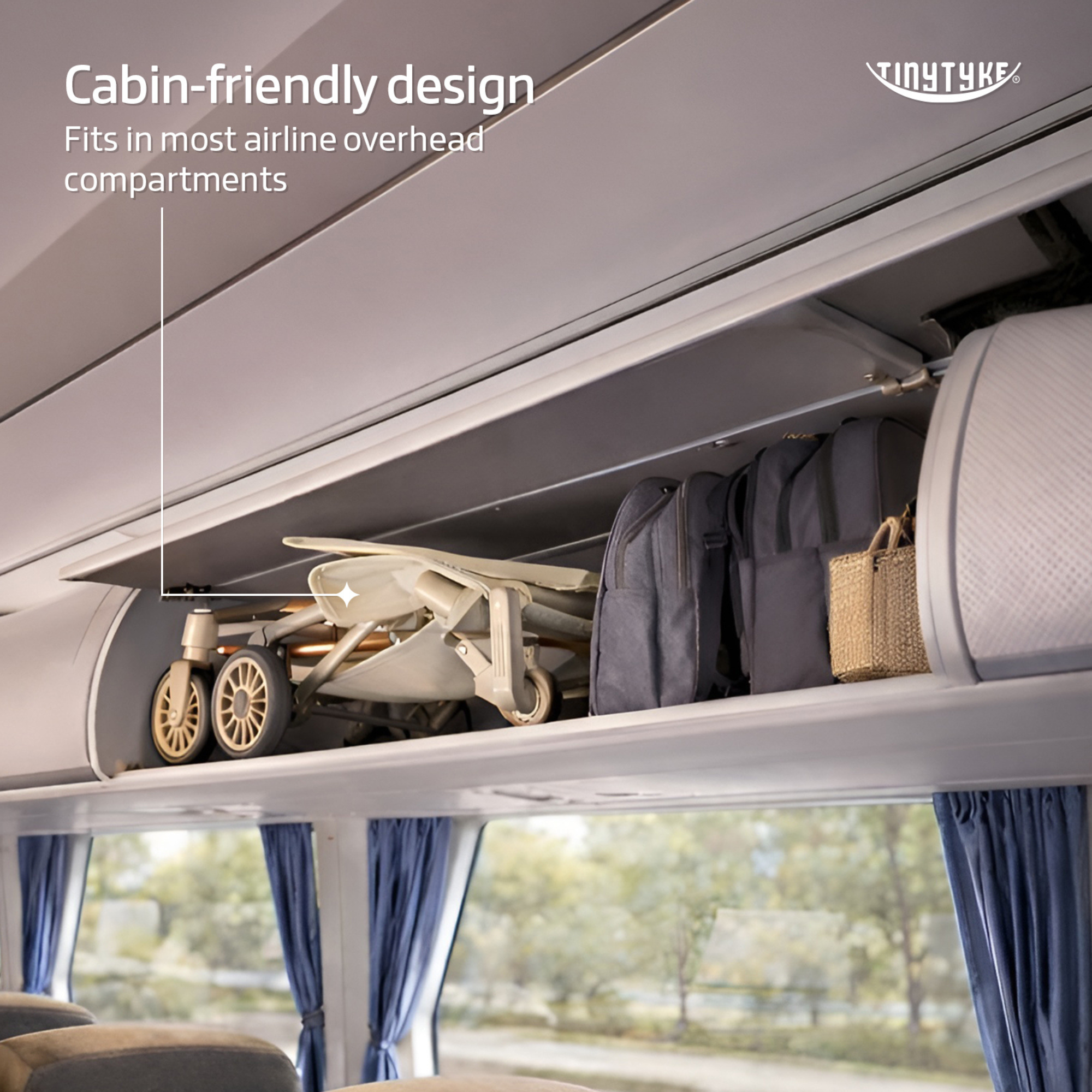 TinyTyke T3 stroller in use — beige, airline cabin-approved, ideal compact travel stroller for flights across India