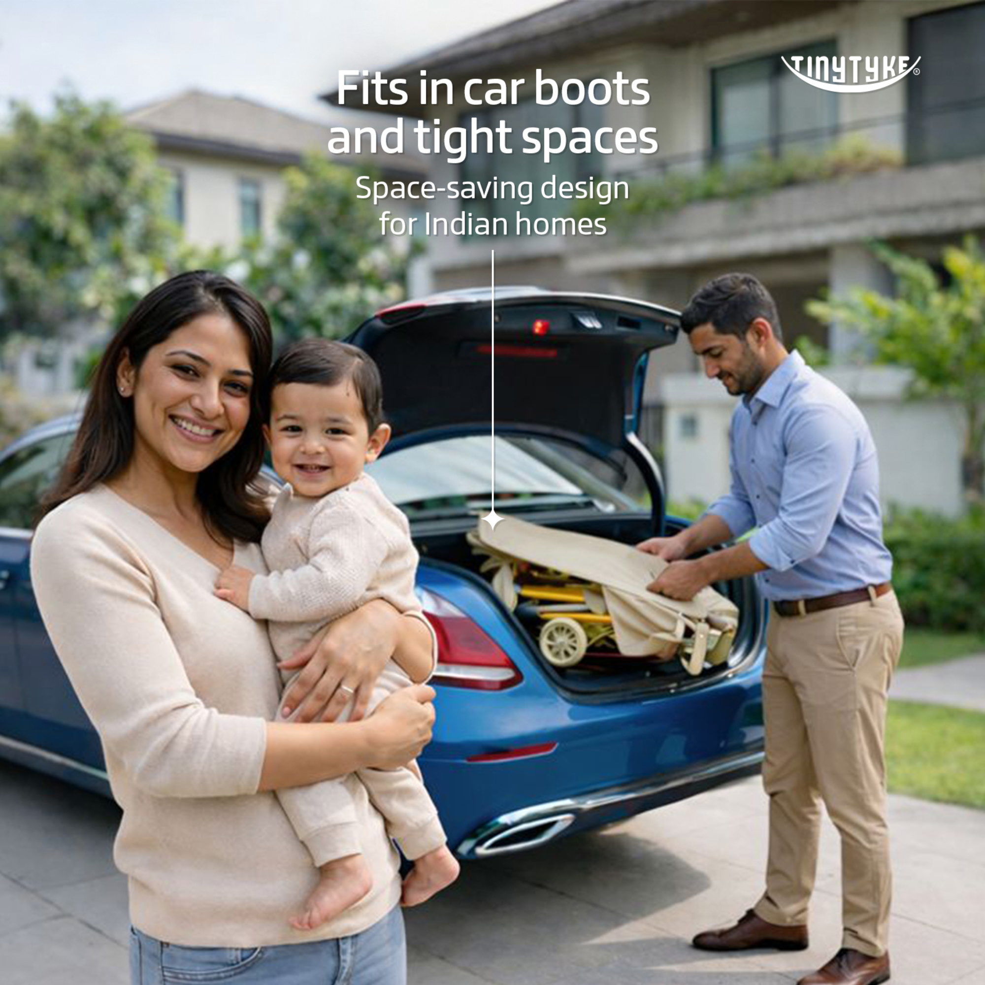 TinyTyke T3 stroller lifestyle — beige fits in car boots and tight spaces