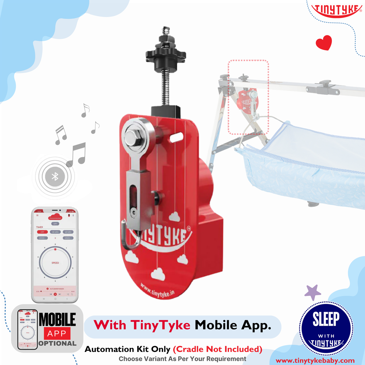 TinyTyke Baby Cradle Automation Kit with Mobile App – blue variant hero shot