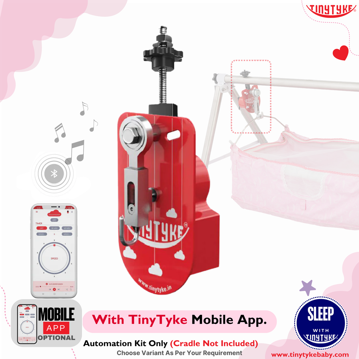 TinyTyke cradle automation kit pink – with remote control and TinyTyke branding