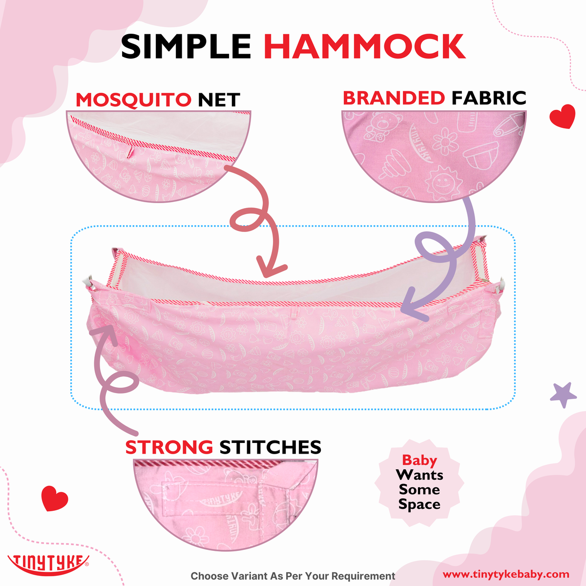 TinyTyke Simple Hammock – Mosquito Net, Branded Fabric and Strong Stitches Feature