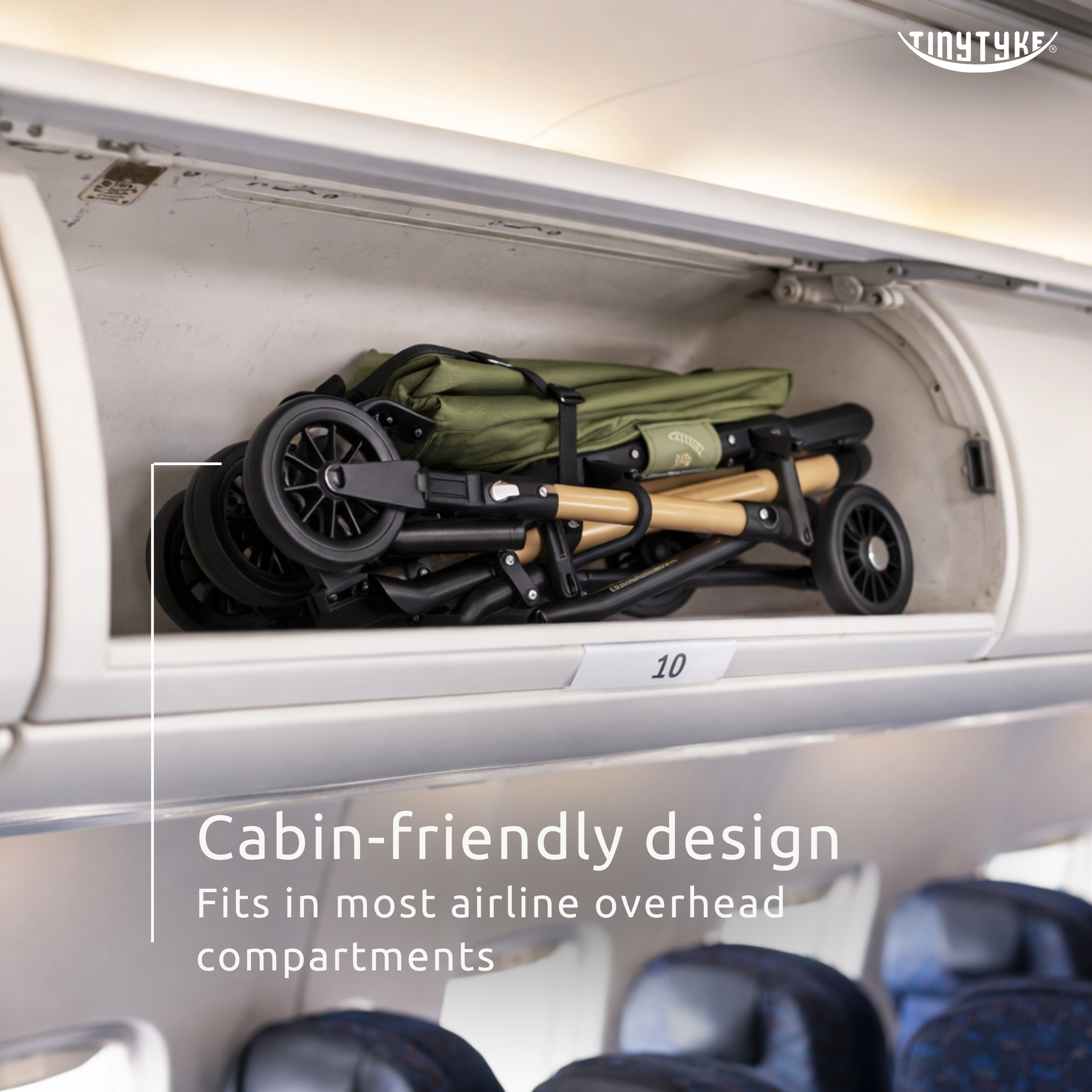 TinyTyke T3 airline cabin-approved stroller — olive green, 58×44×25 cm folded size, fits IndiGo and Air India overhead