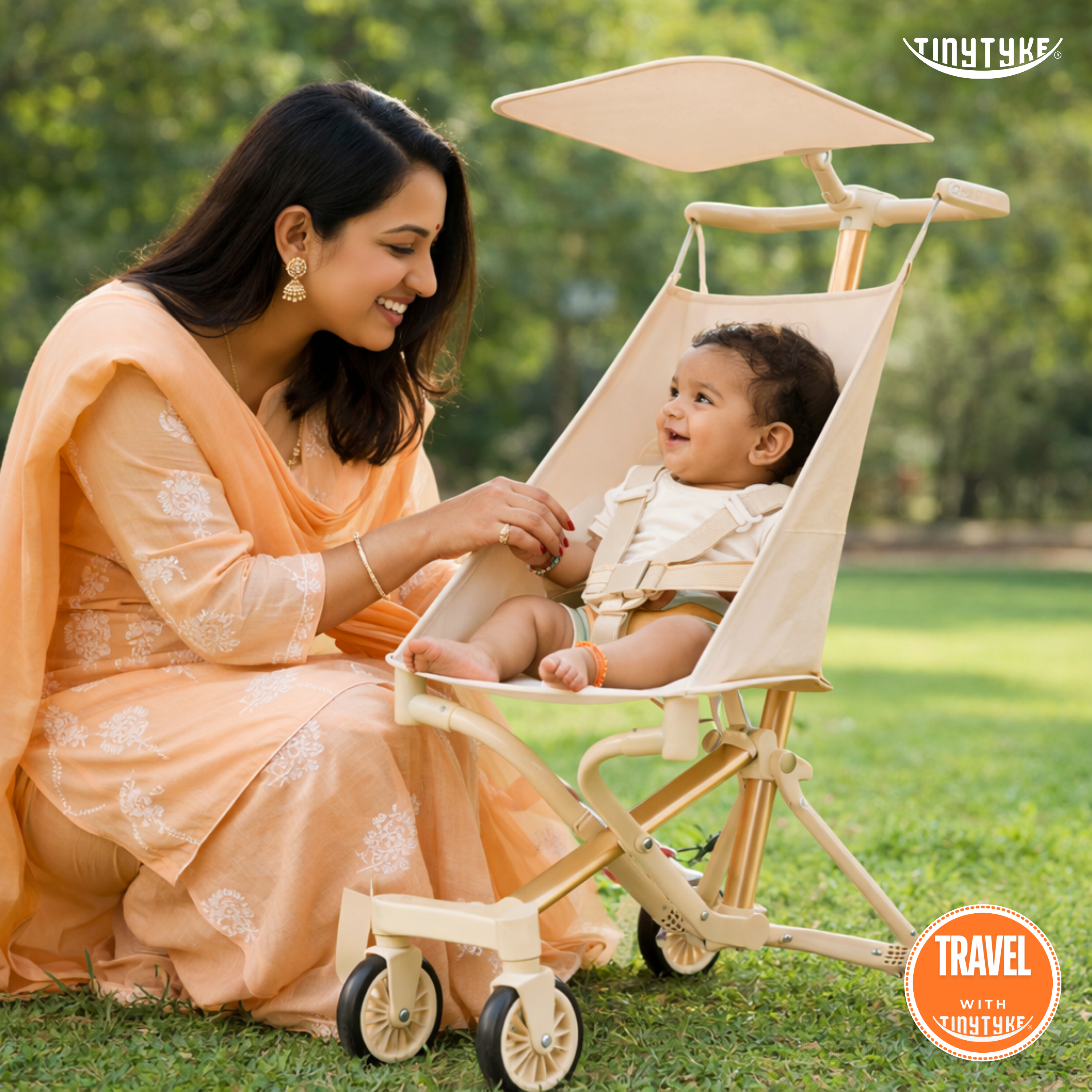 TinyTyke T3 lightweight baby stroller in beige — 4.3 kg, foldable pram for babies 6 to 40 months, India
