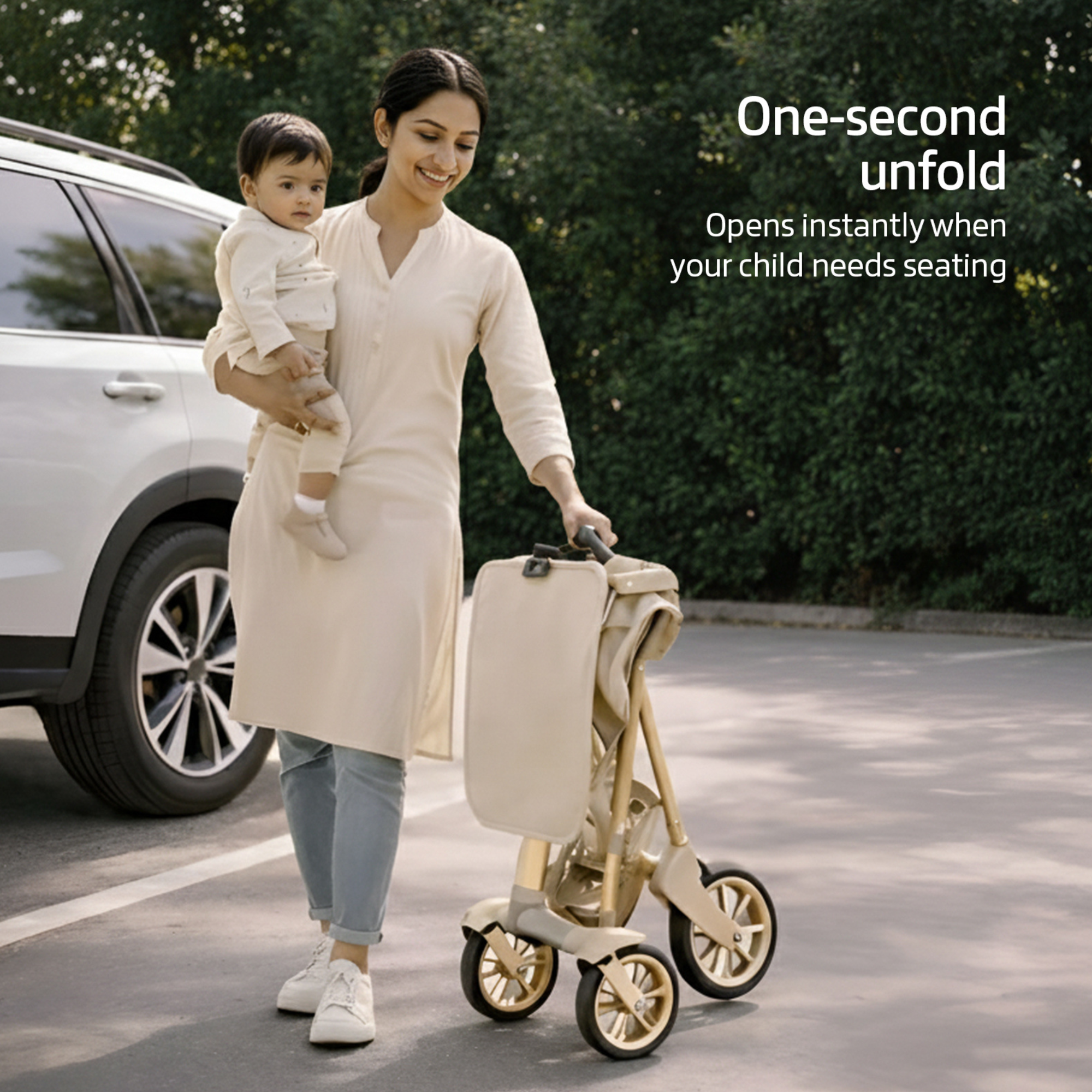 TinyTyke T3 travel stroller fold — beige, single-hand compact fold in 2 seconds for quick airport and mall use