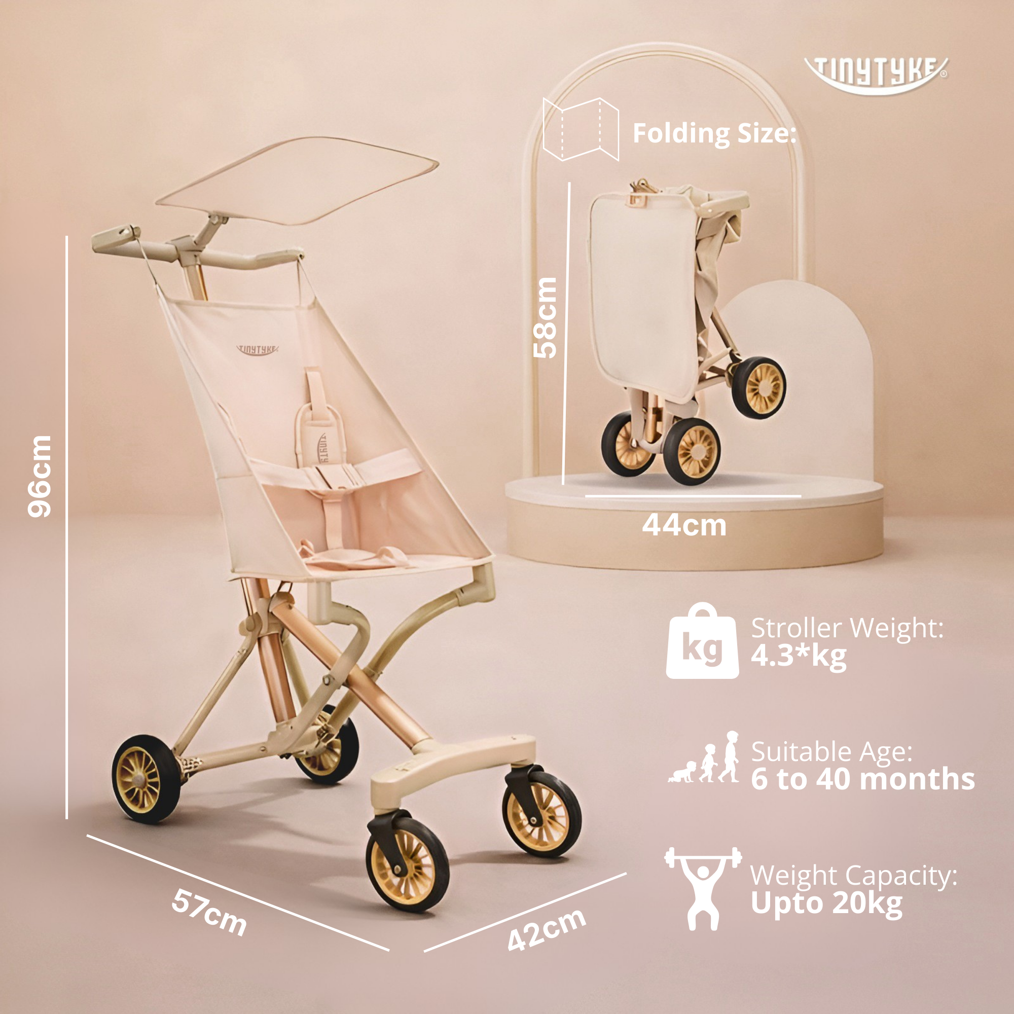 TinyTyke T3 baby stroller side view with dimensions — beige, gold frame, 20 kg weight capacity toddler stroller