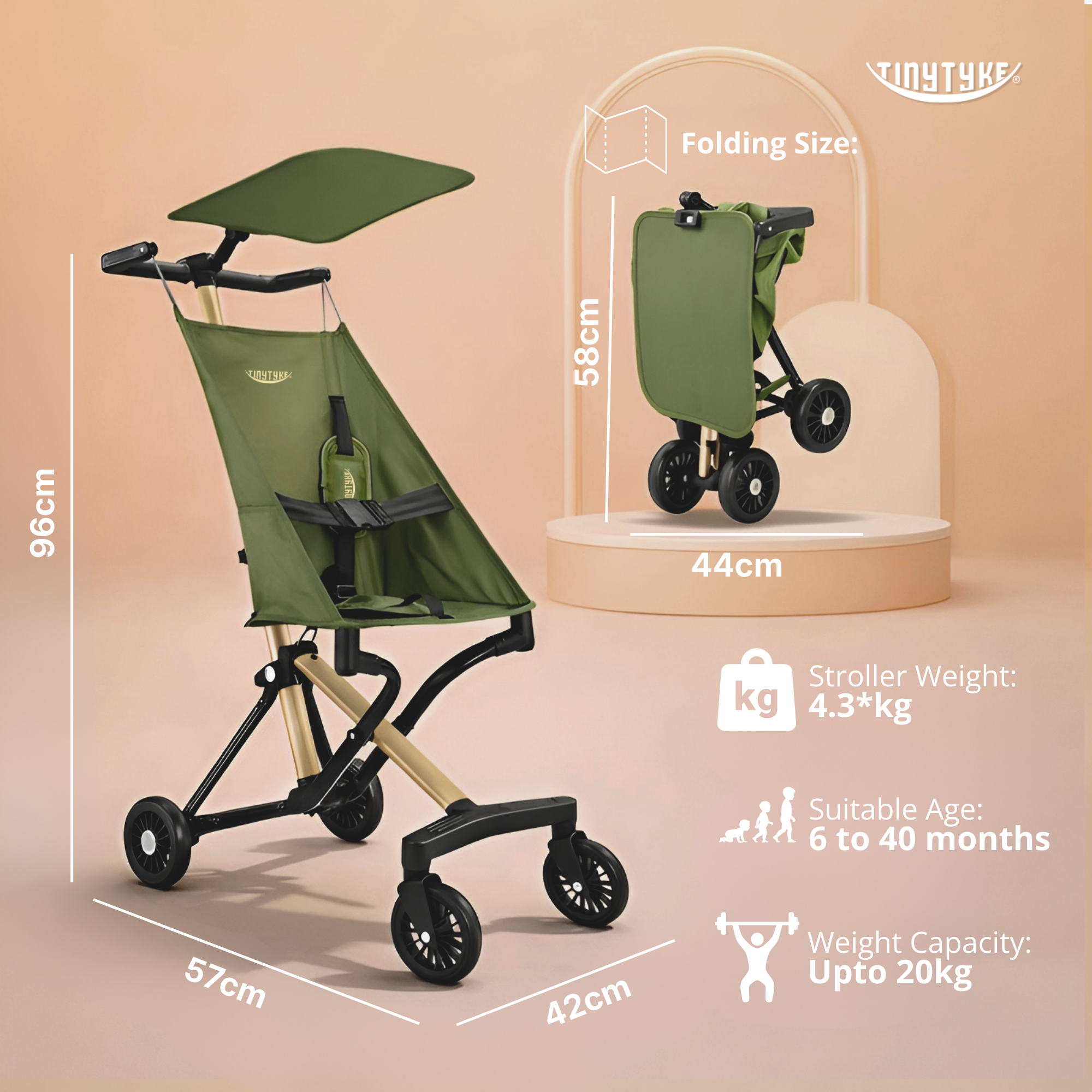 TinyTyke T3 baby stroller side view — olive green, gold aluminium frame, 4.3 kg lightweight