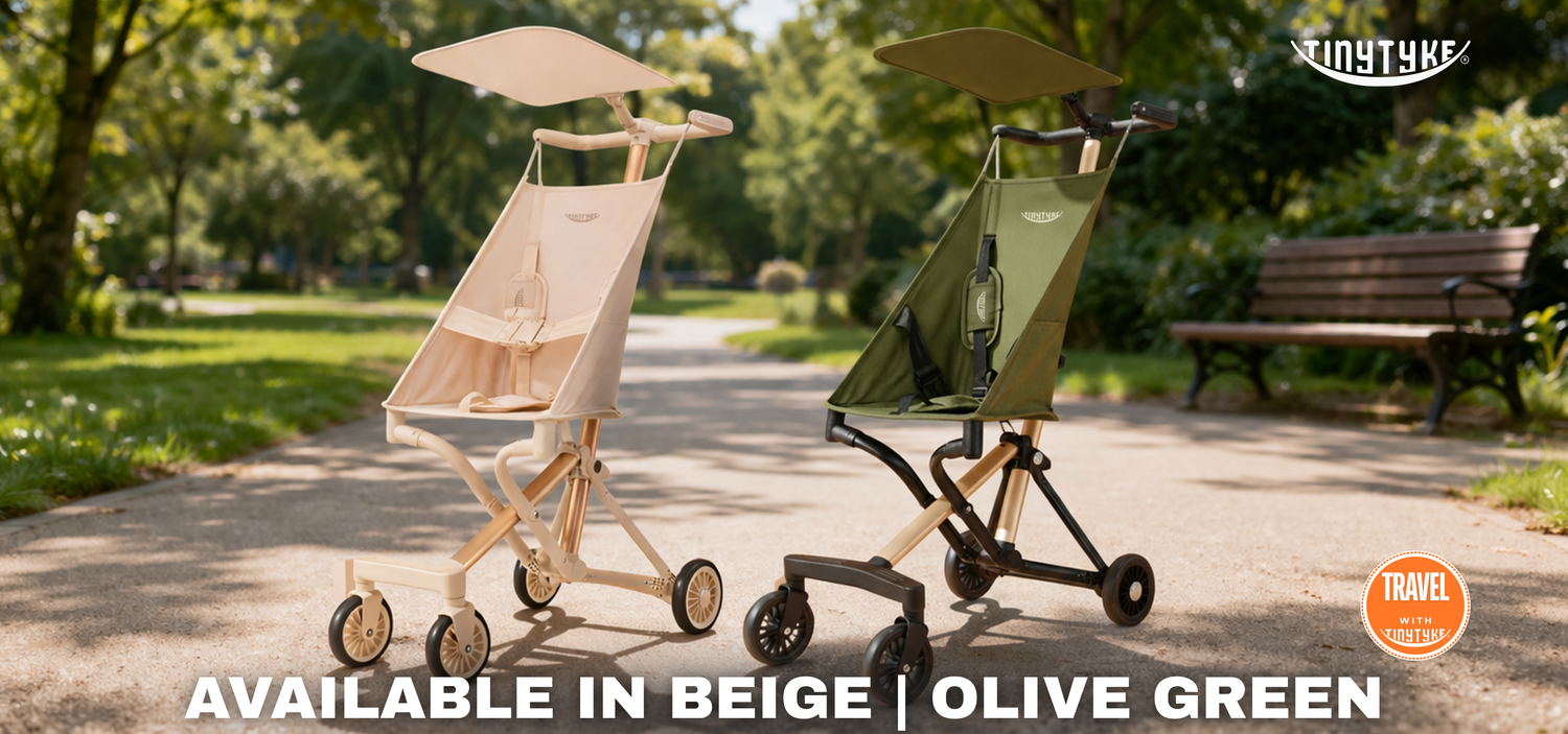 TinyTyke T3 stroller folded view in available colors — olive green and beige compact fold design comparison