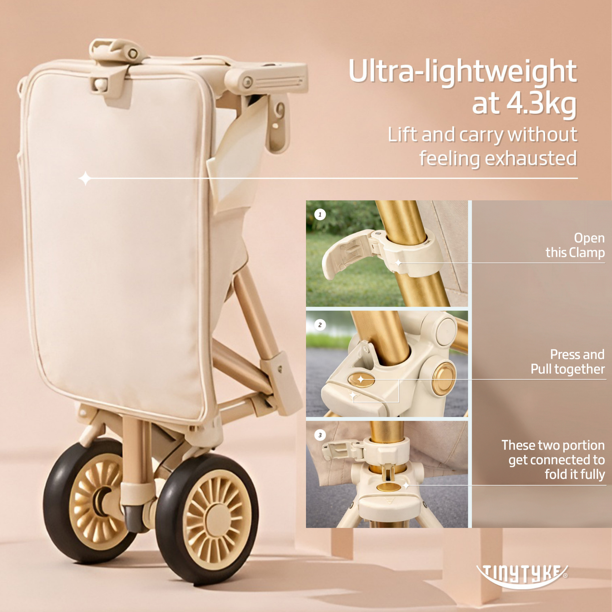 TinyTyke T3 stroller folded — beige, cabin-size compact 58x44x25 cm, fits IndiGo and Air India overhead