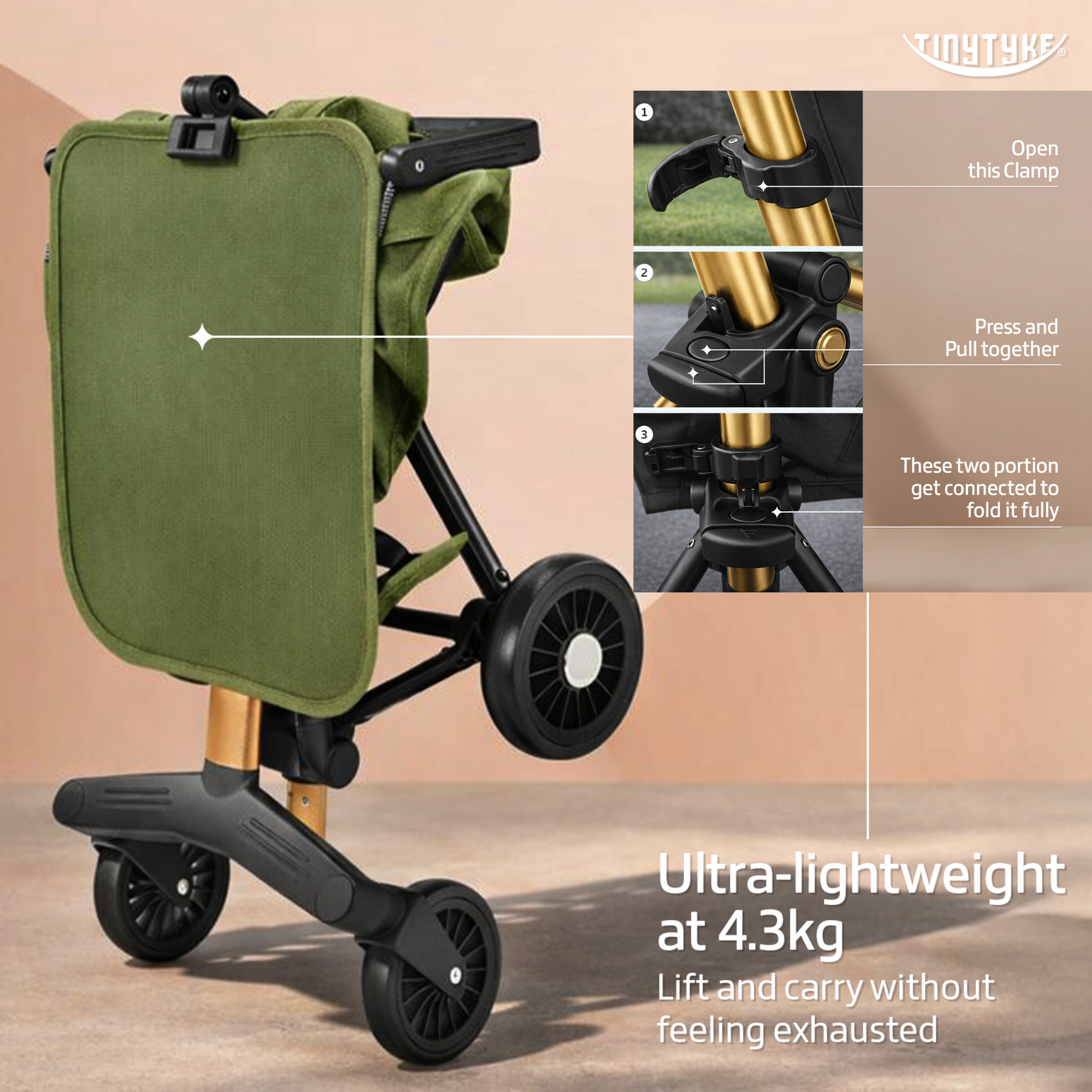 TinyTyke T3 stroller folded compact — olive green, 58x44x25 cm, fits airplane cabin and car boot
