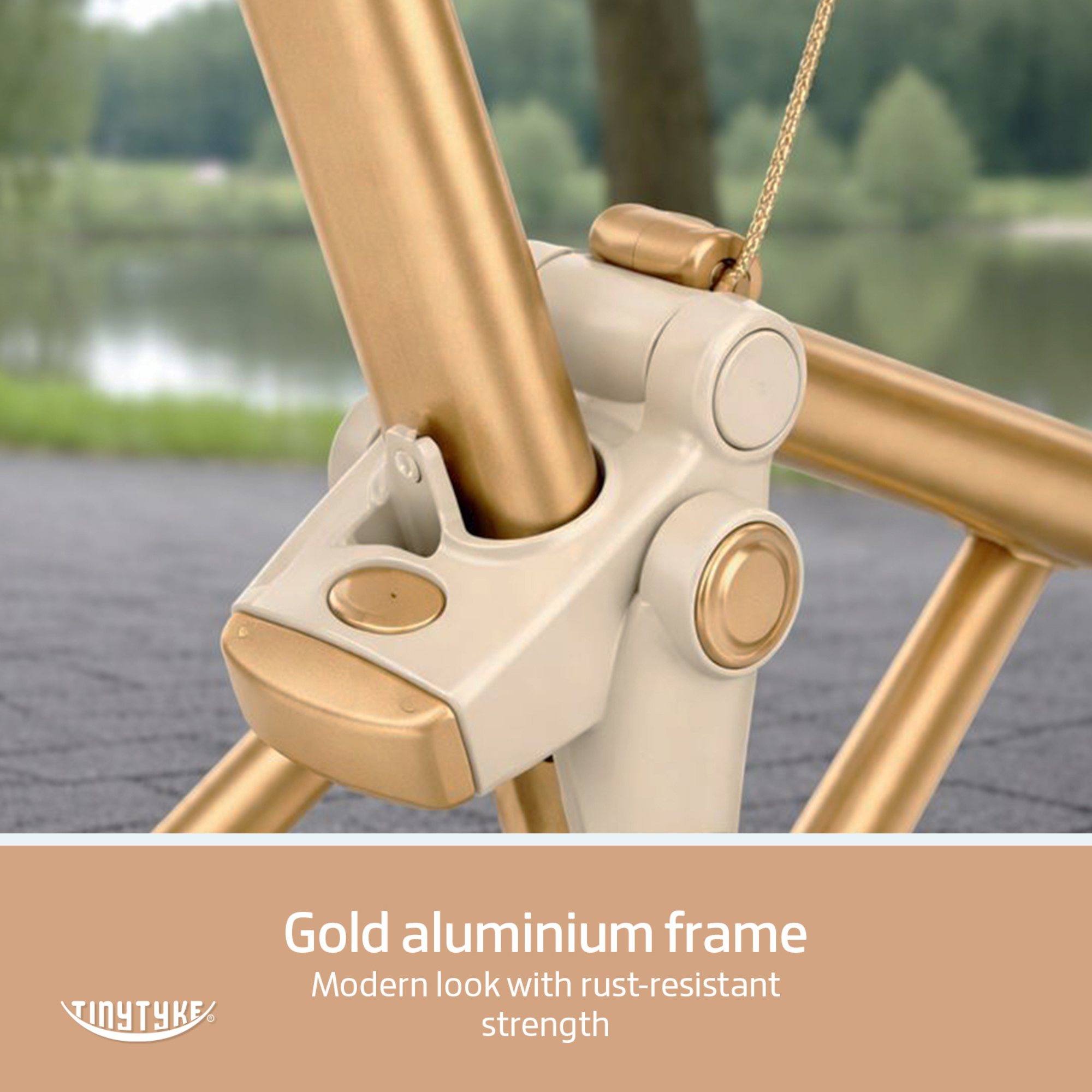 TinyTyke T3 stroller gold aluminium alloy frame detail — beige, rust-free lightweight tube for daily use in India