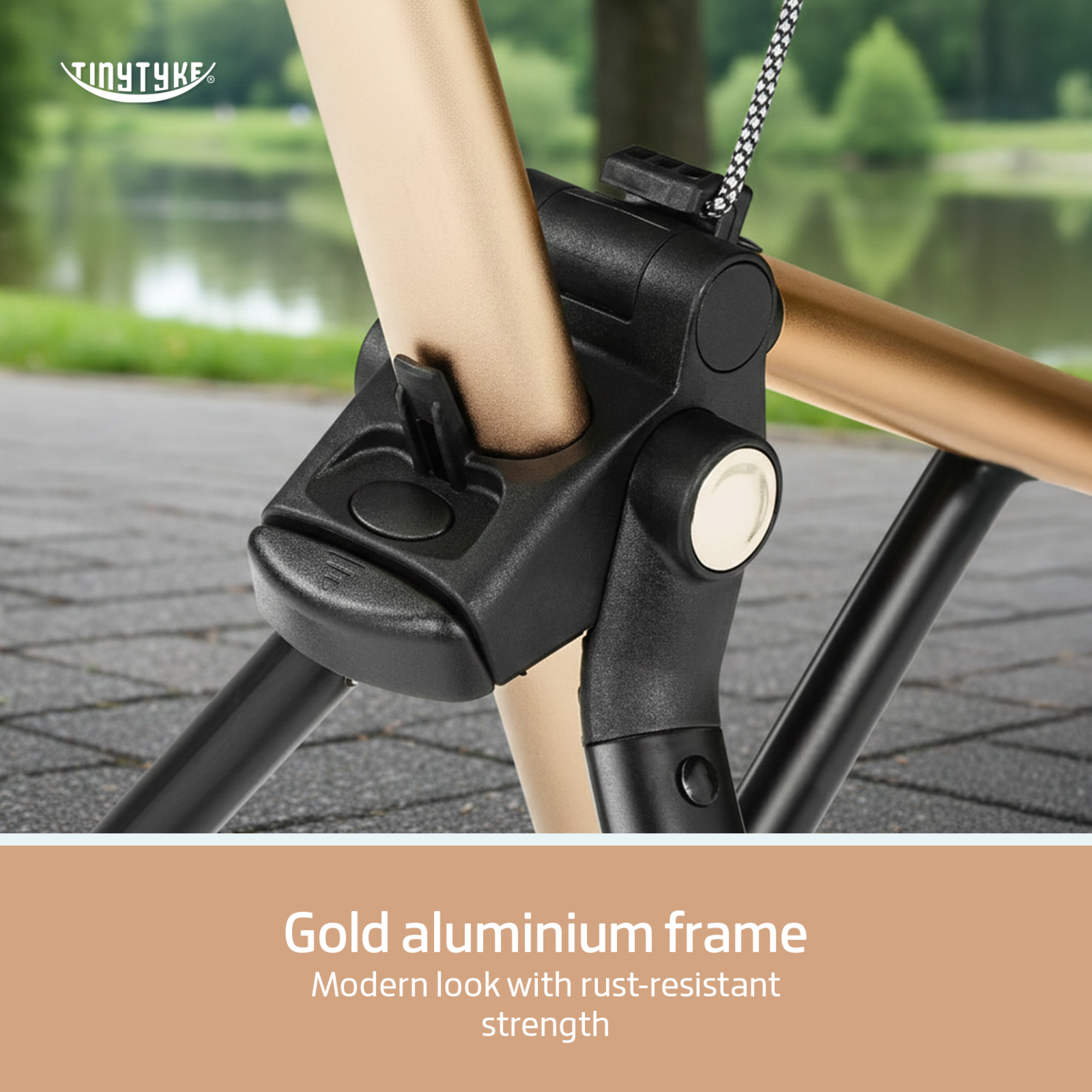 TinyTyke T3 stroller gold aluminium alloy frame — olive green, rust-free, strong and lightweight for daily use