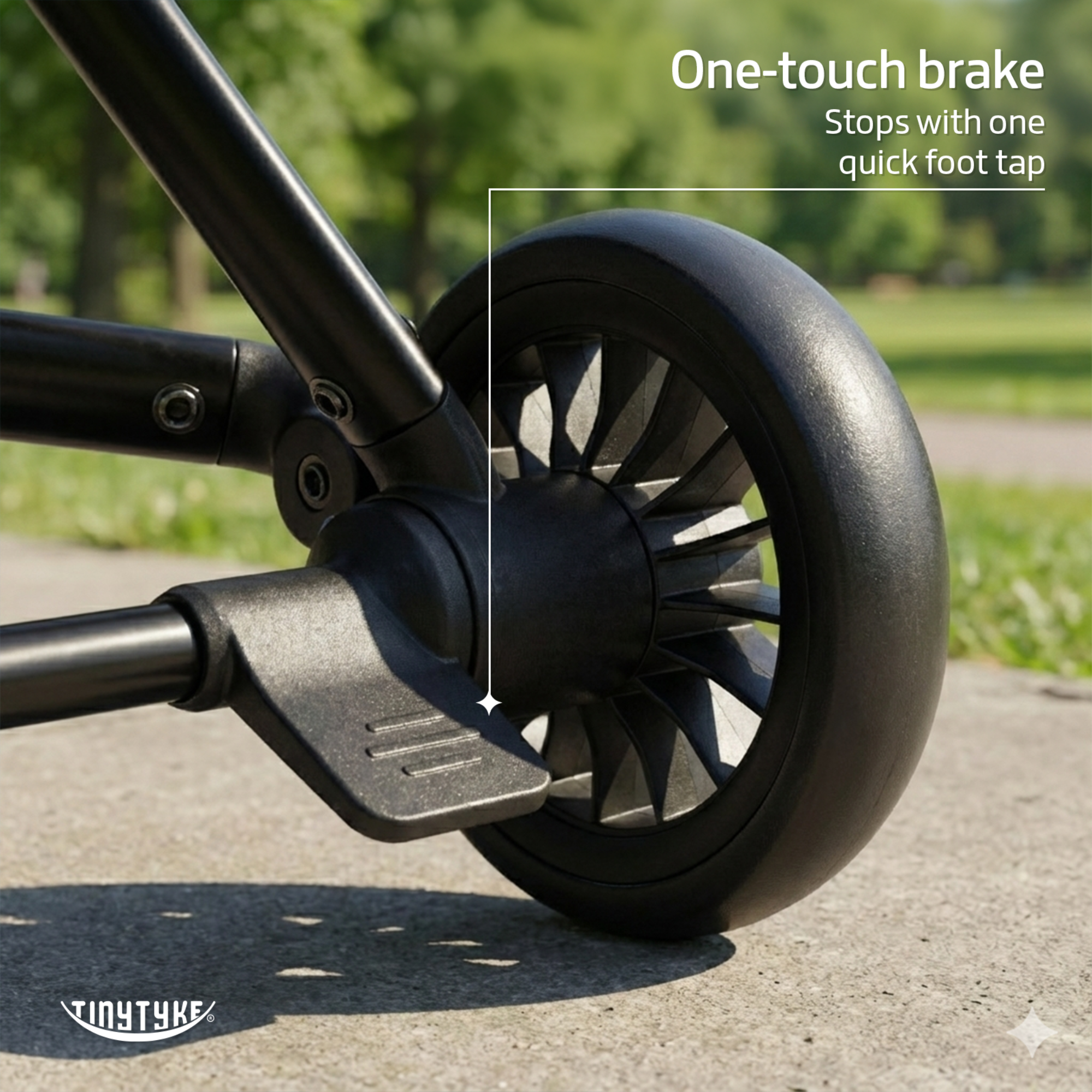 TinyTyke T3 stroller one-touch double foot brake — olive green, stops instantly on slopes and uneven ground