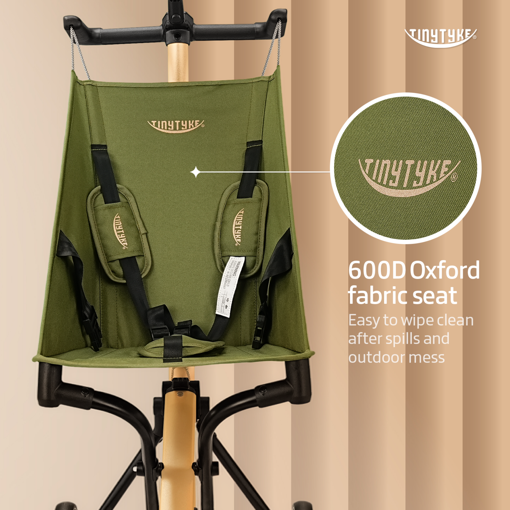 TinyTyke T3 stroller 600D Oxford wipe-clean seat fabric — olive green, easy to clean after spills and outdoor use