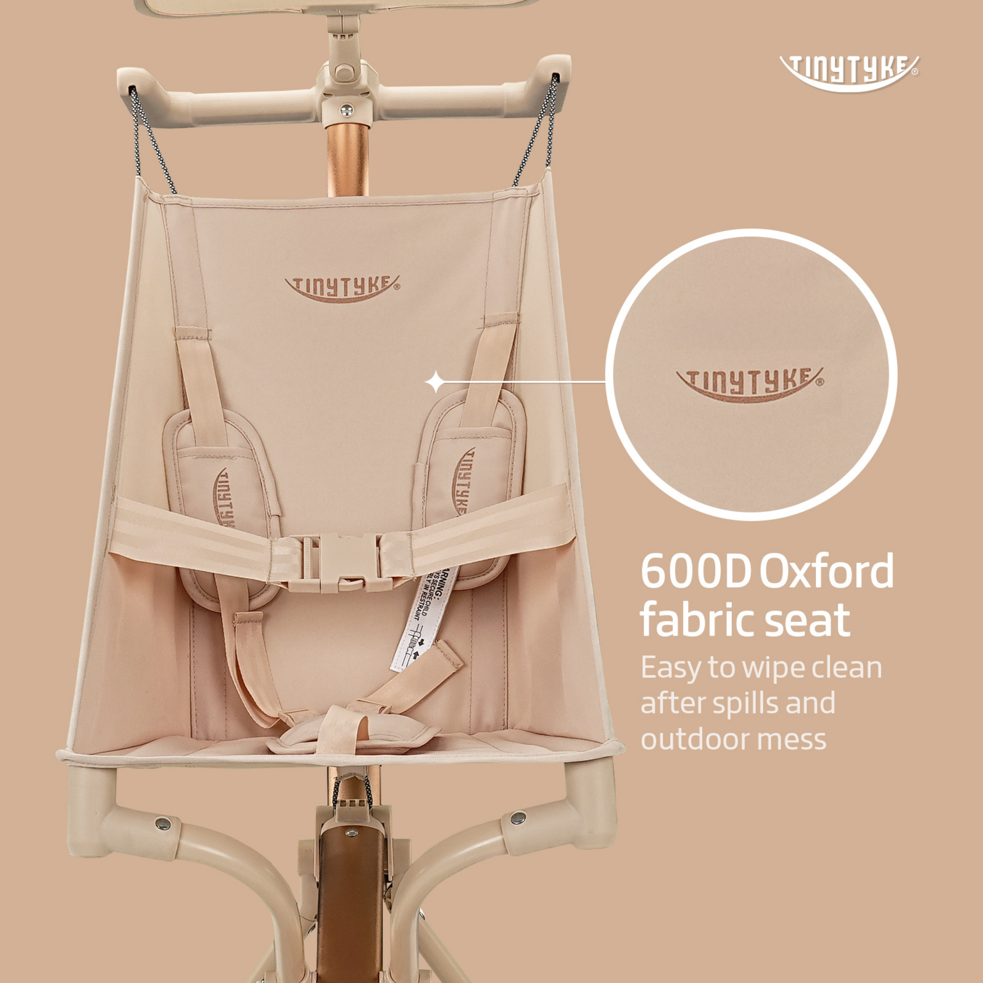 TinyTyke T3 stroller Oxford fabric seat — beige, 600D wipe-clean material handles drool, spills, and outdoor mess
