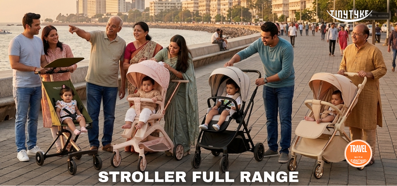 TinyTyke T3 stroller range showcasing model variants and color options — lightweight baby stroller collection India