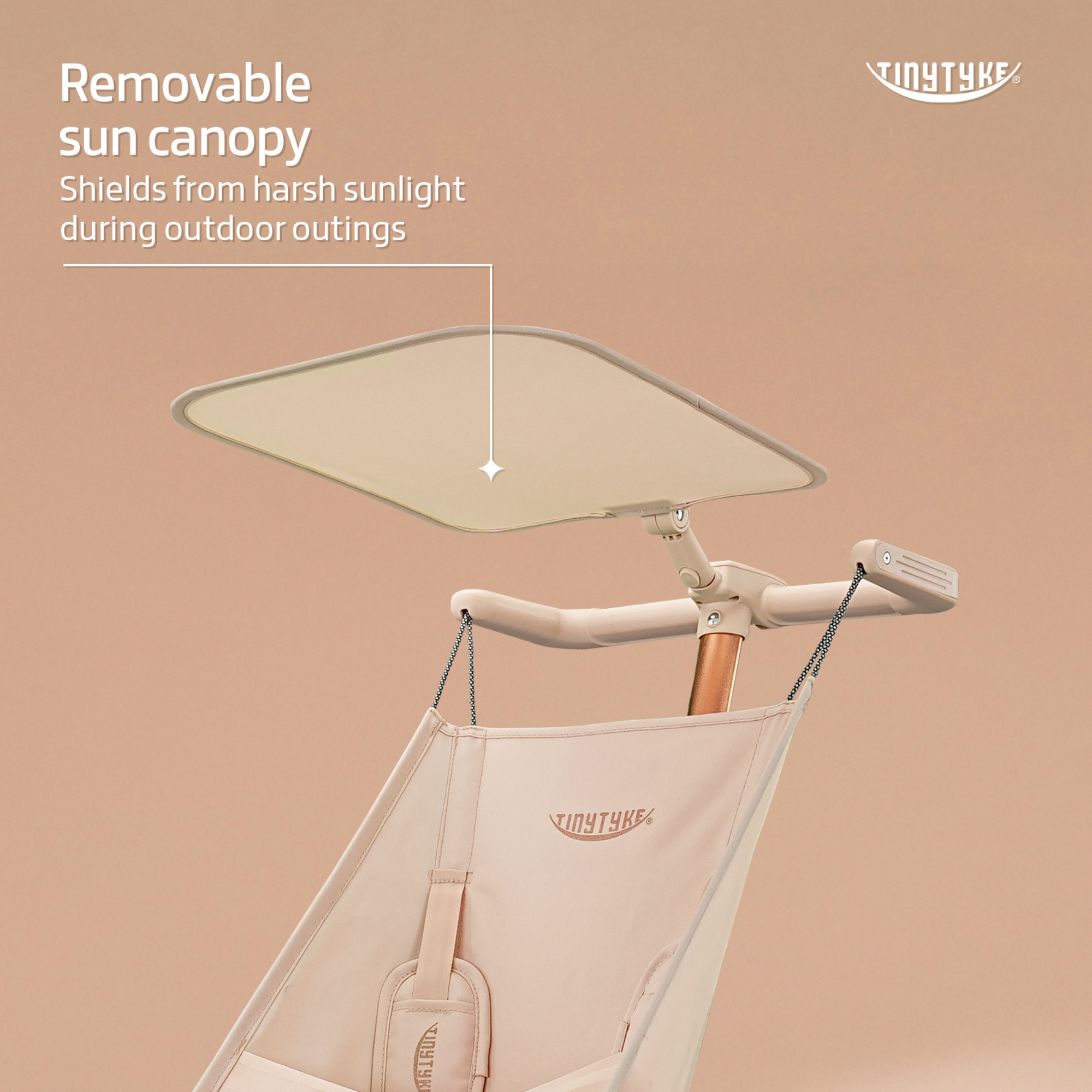 TinyTyke T3 stroller removable sun canopy open — beige, shields baby during afternoon outdoor walks and outings