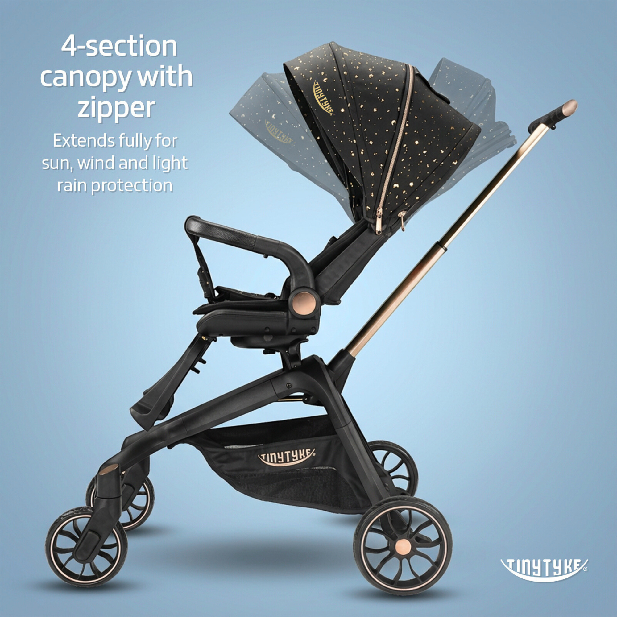 TinyTyke T6 stroller canopy fully extended with zipper — black, wide coverage for sun and wind protection outdoors