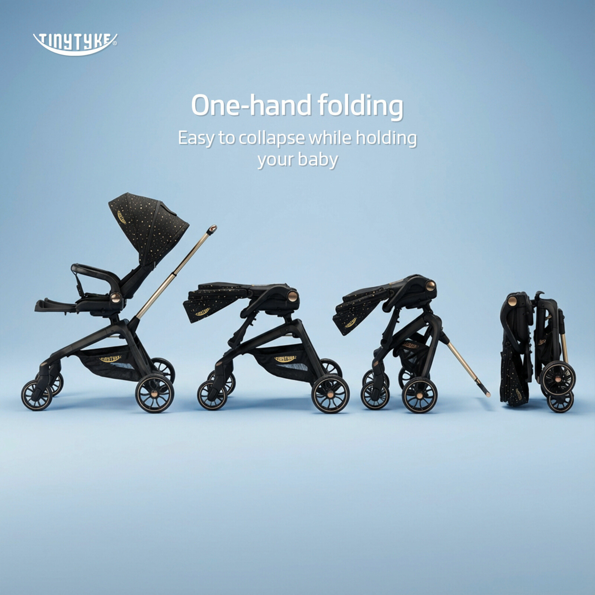 TinyTyke T6 stroller single-hand compact fold — black, 56×45×63 cm folded, easy to store in car boot or home
