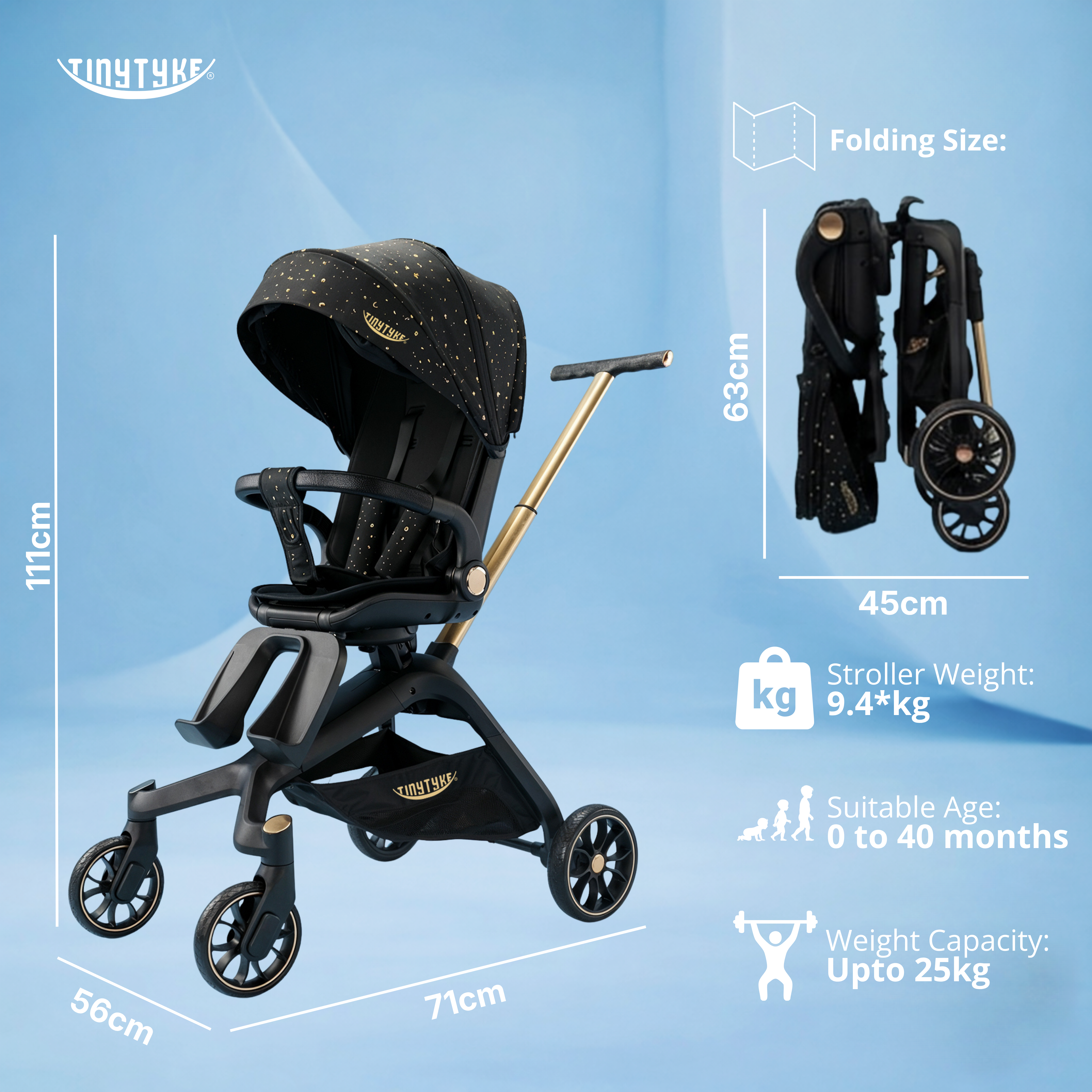 TinyTyke T6 stroller side view with dimensions — black, 56×71×111 cm unfolded, 9.4 kg aluminium frame pram